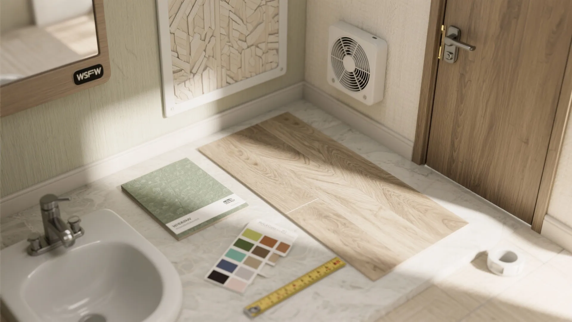 Interior design materials flat lay with wood floor sample color swatches ruler and bathroom sink