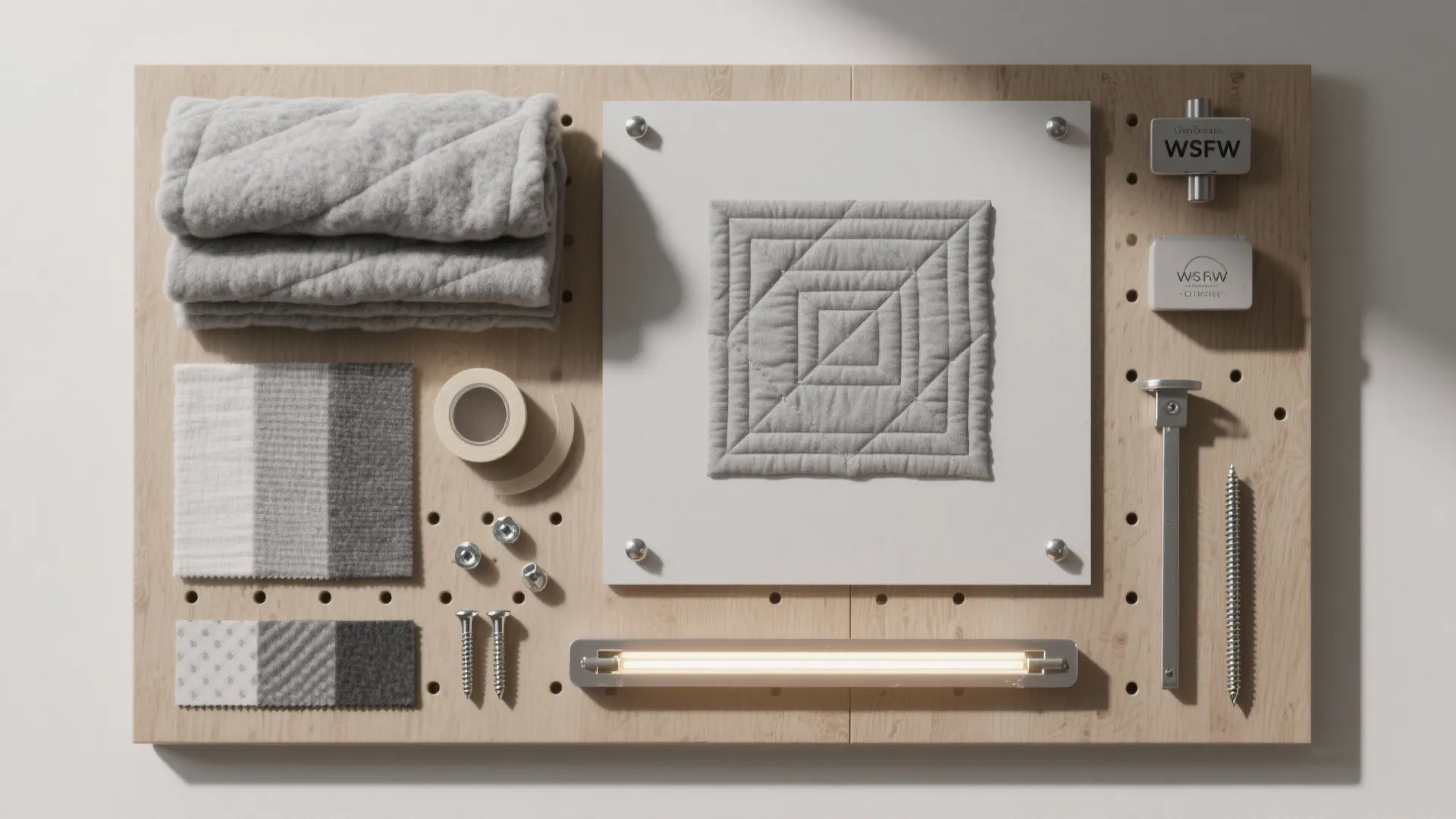 Flatlay of materials for a quilt design wall board: gray flannel, batting, foam boards, magnets, cleats, tape, LEDs.