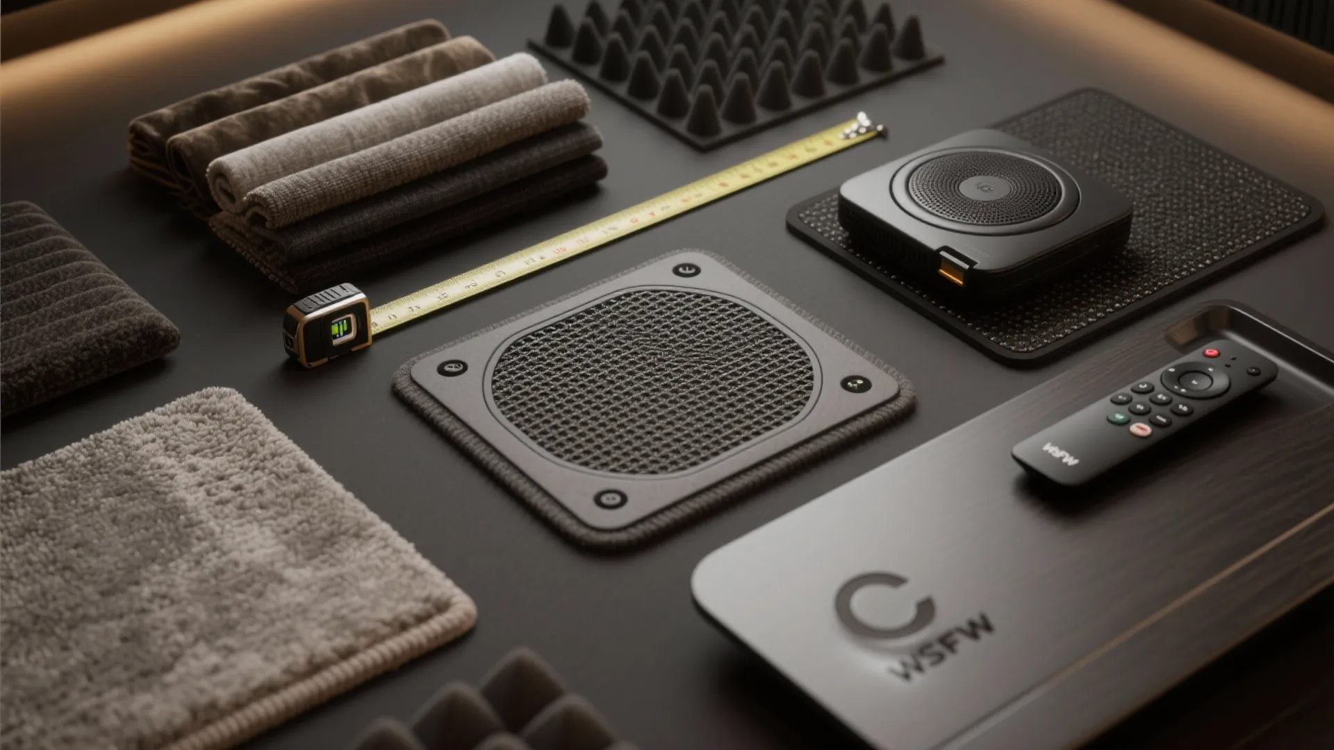 Flatlay of acoustic fabric swatches, laser level, measuring tape, and rug pad on a dark backdrop.