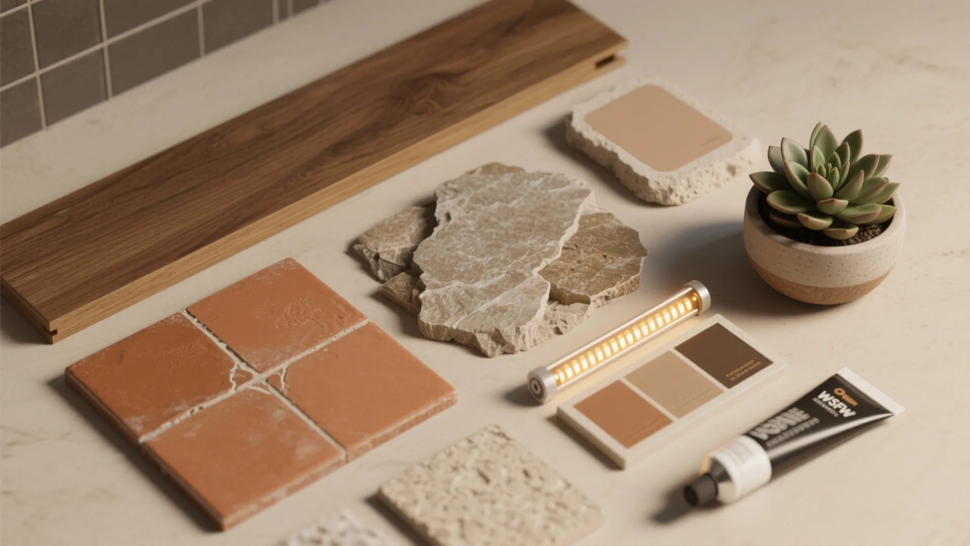 Top-down flatlay of material and color samples for an earthy bathroom palette.