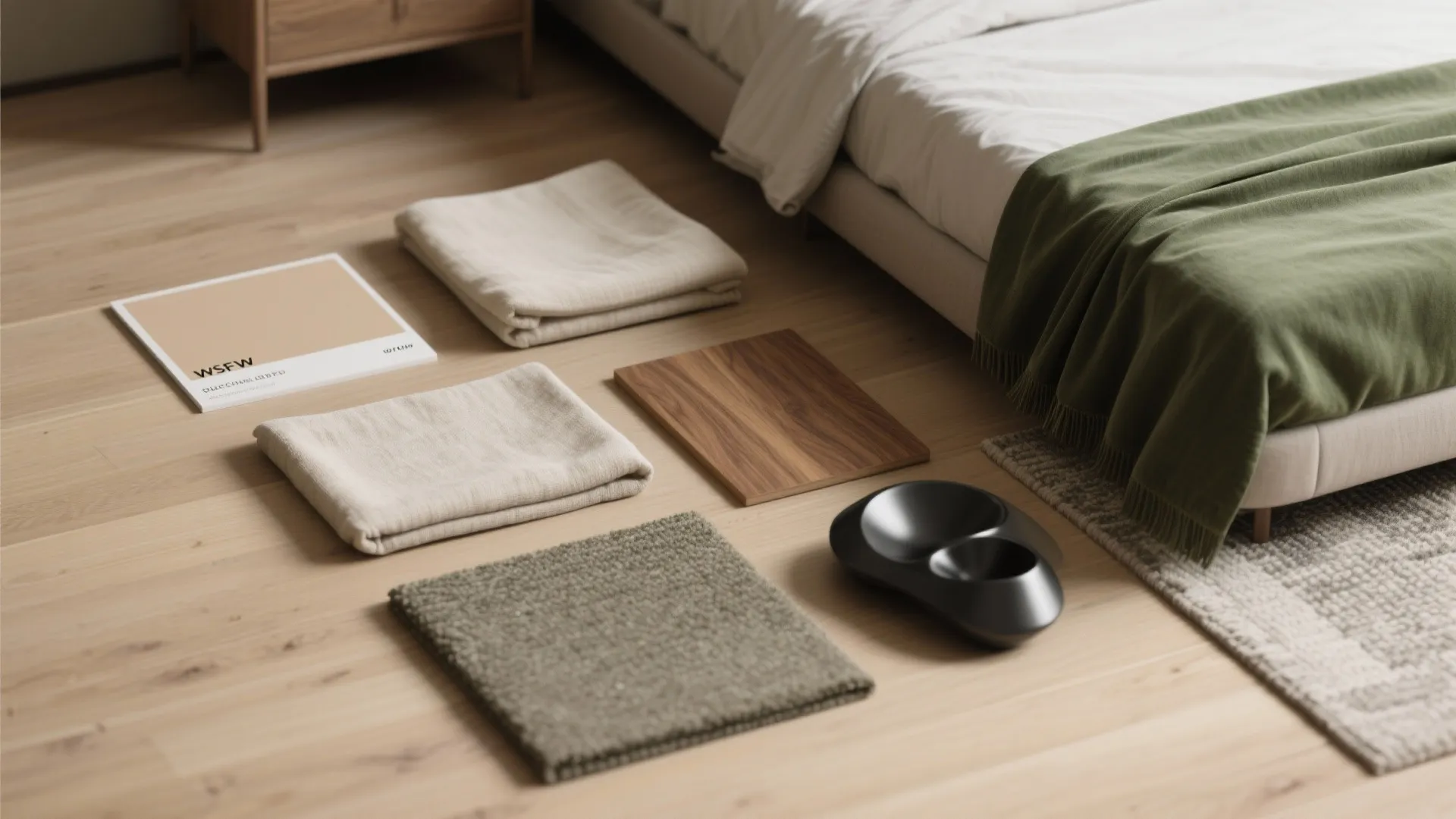 Collection of interior design material samples like fabric, wood, and carpet on a light floor