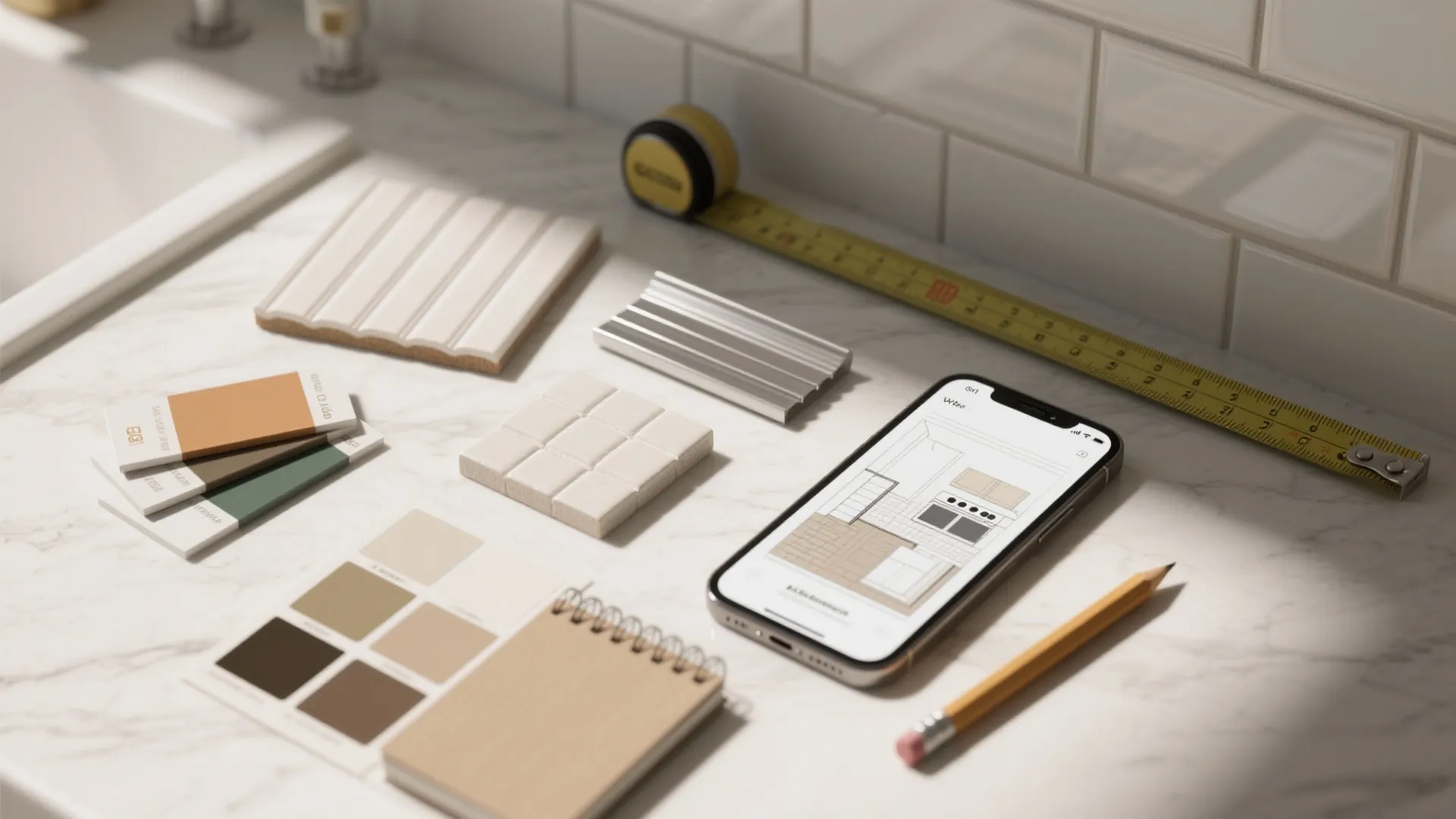 Home design samples with color cards tiles measuring tape phone showing room layout and pencil