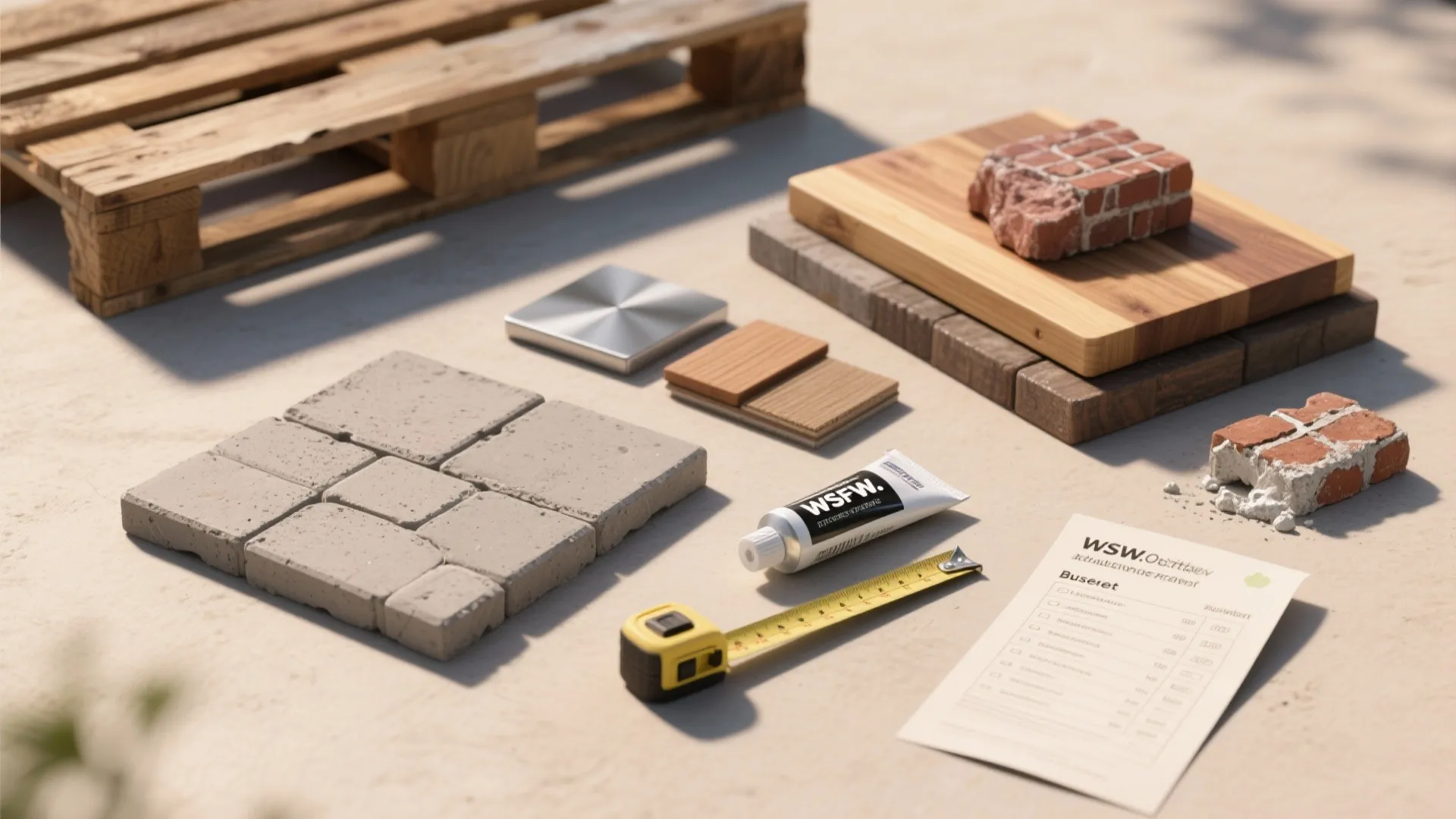 Building materials flat lay showing stone tiles, wood blocks, bricks, measuring tape, and adhesive tube