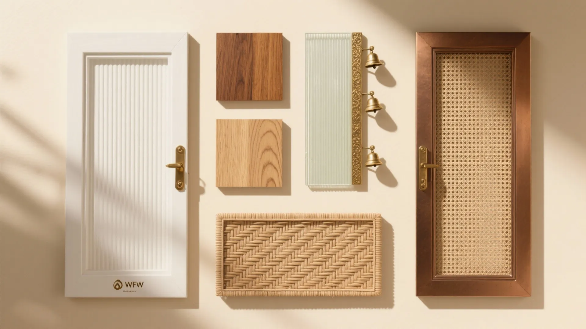 Interior design material board with white door panel wood samples glass bells and woven textures