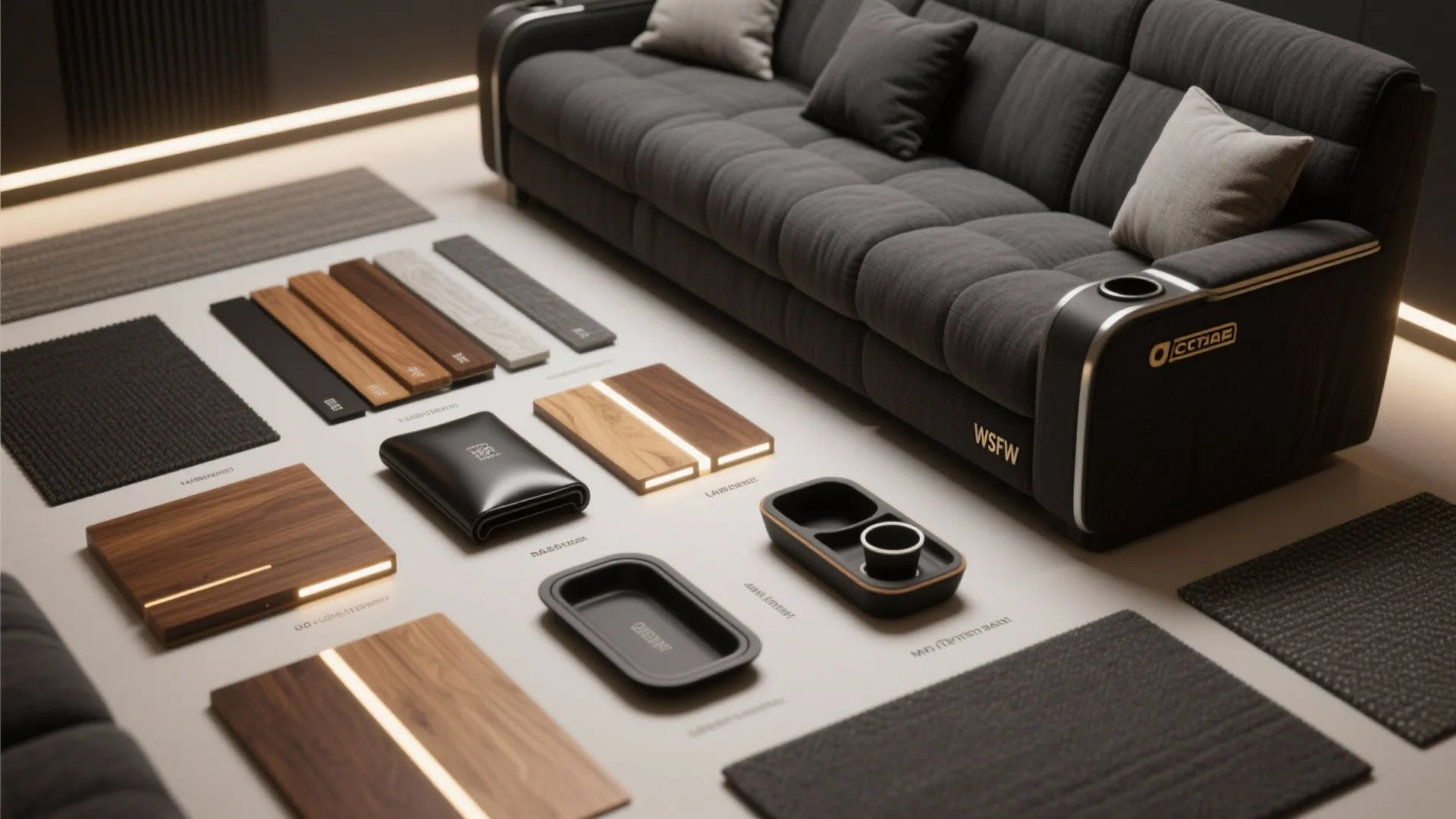 Flat lay of dark matte fabrics, vinyl, wood samples, LED strip, and lumbar pillows for small theaters.