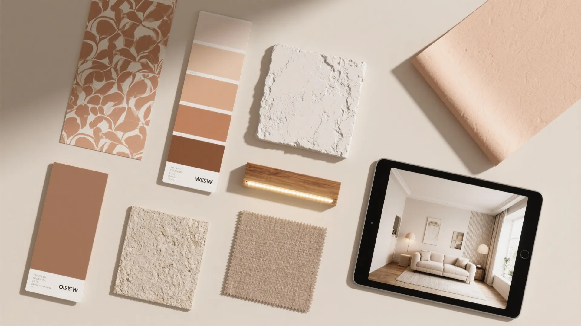 Interior design materials including color samples fabric swatches and tablet showing a modern living room