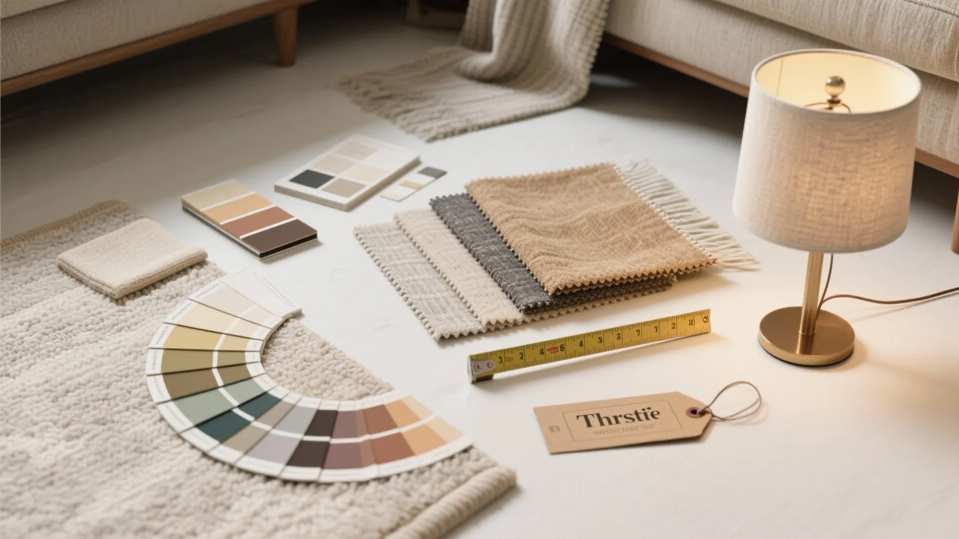 Flatlay of paint chips, fabric swatches, rug sample, lamp, and measuring tape for planning a budget living room.