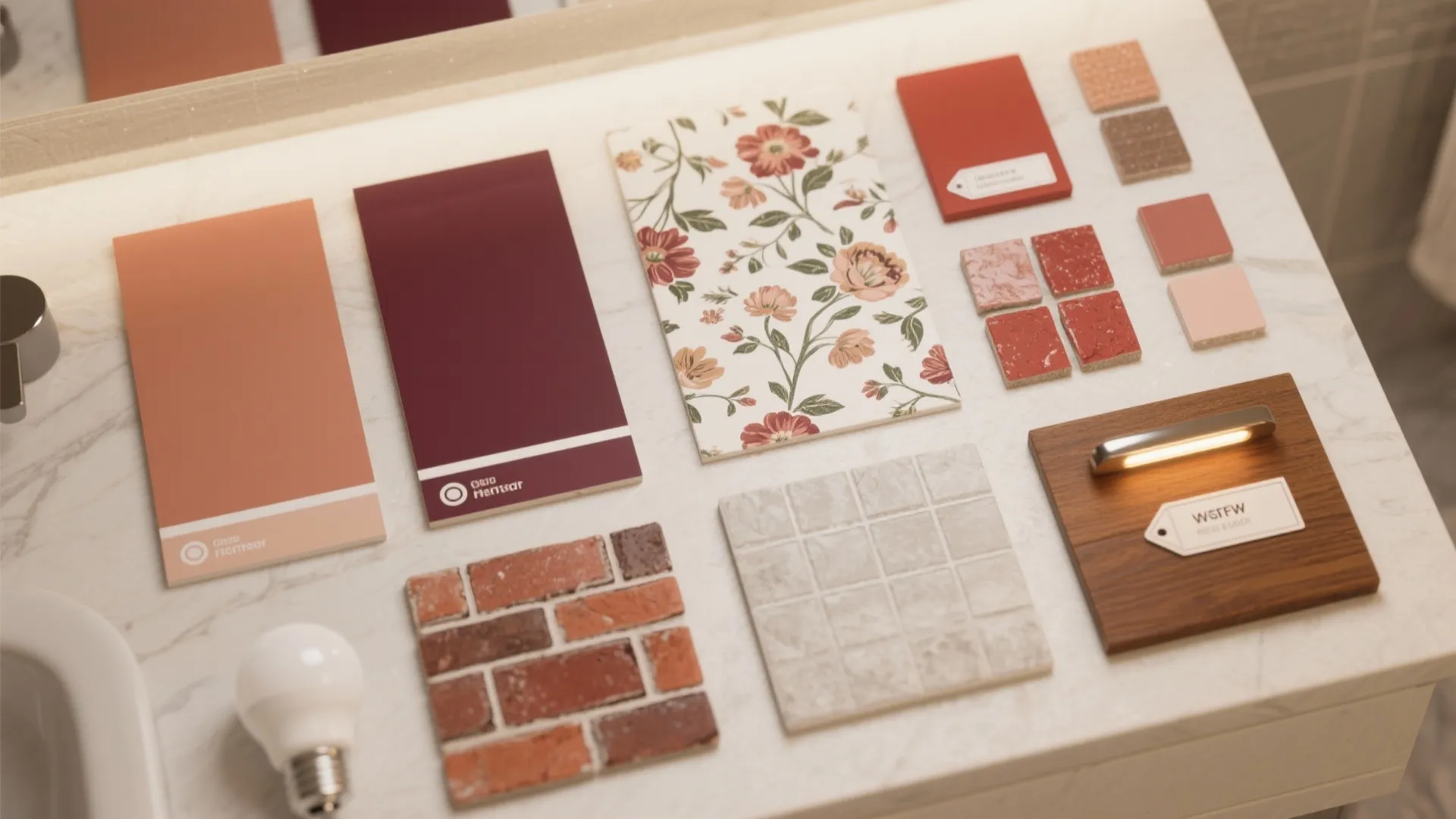 Interior design materials flat lay with color swatches, floral tiles, wood samples, and light bulb