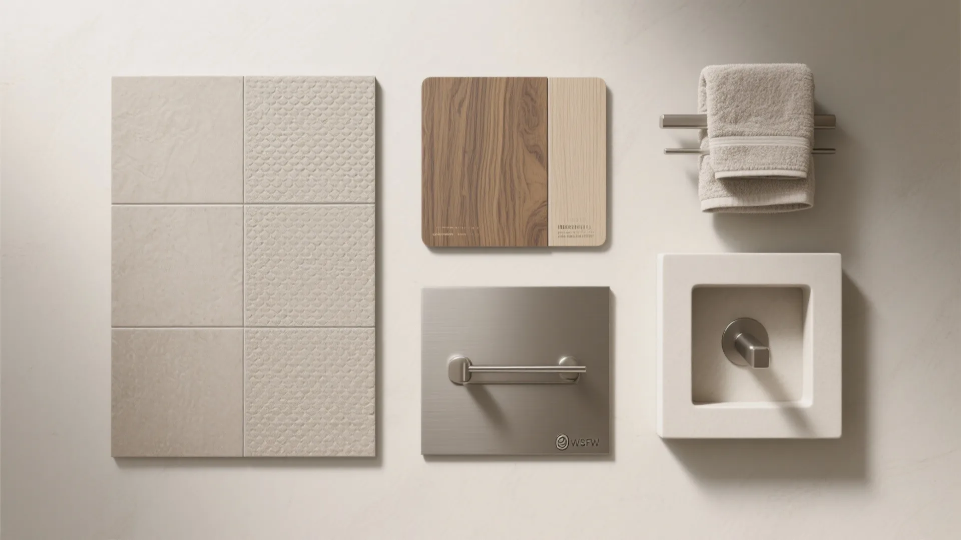 Bathroom material board with beige tiles wood samples metal hardware and a soft cotton towel