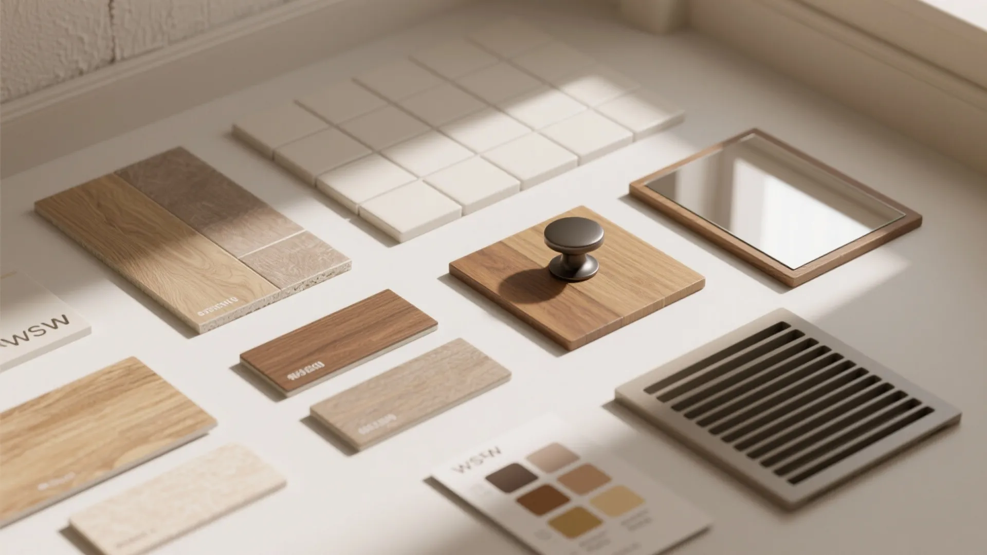 Top-down flatlay of material and finish samples for a bathroom-closet suite including tile, vinyl, wood, hardware, and mirror swatches.