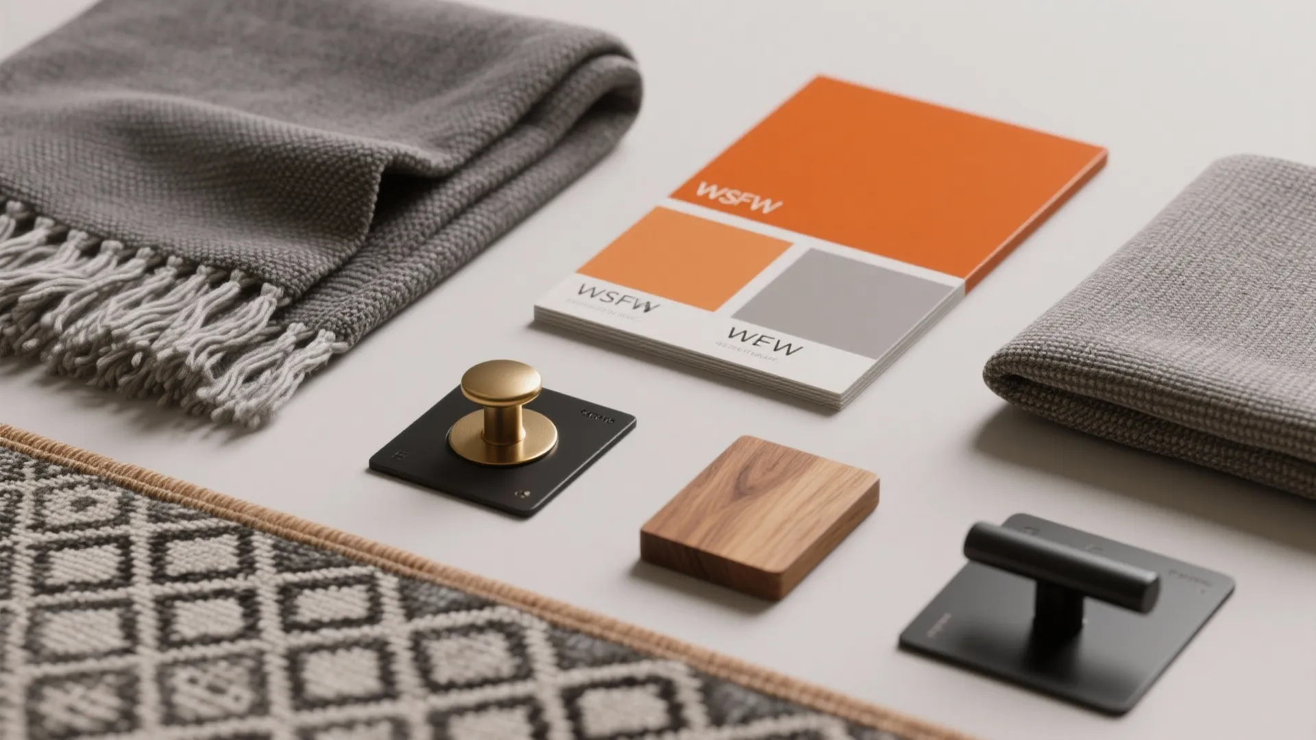 Interior design materials including grey fabric orange color palette wood sample and black metal door handles