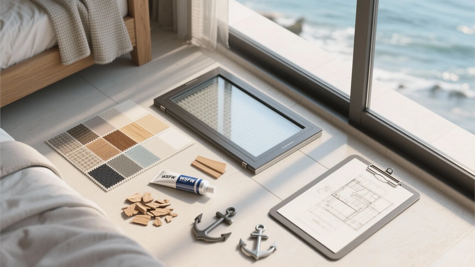 Flatlay of thermal glazing samples, weatherproof fabrics, wood chips and hardware for balcony bedroom conversion planning.