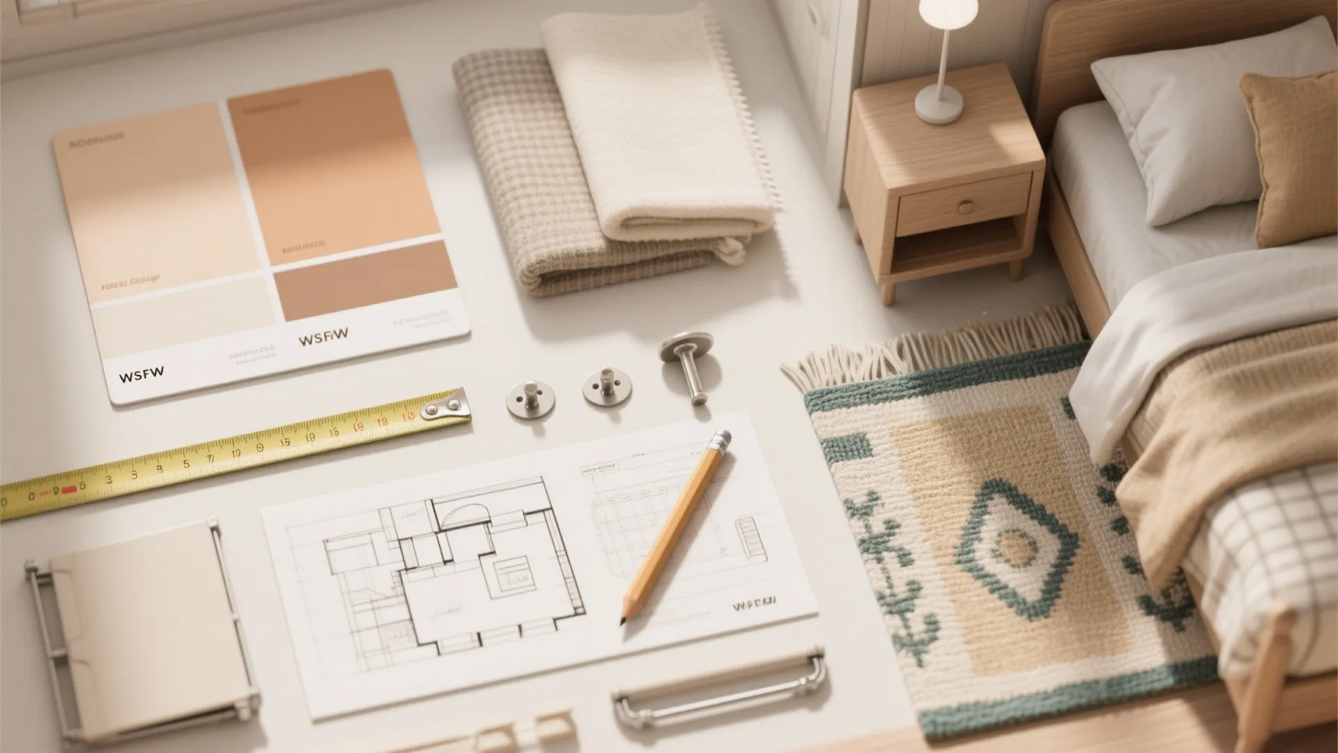 Flat lay of interior design drawing with color palette and fabric samples on white floor