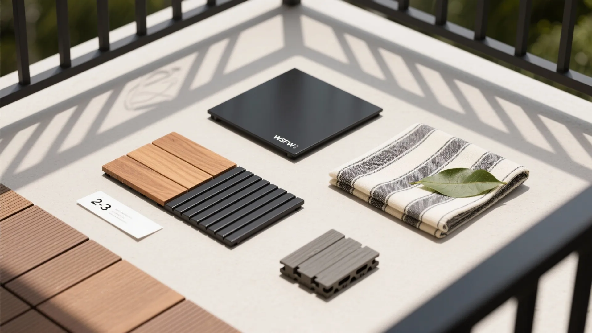 Flat lay of acacia wood tile, matte-black metal, and striped outdoor fabric for a calm palette.