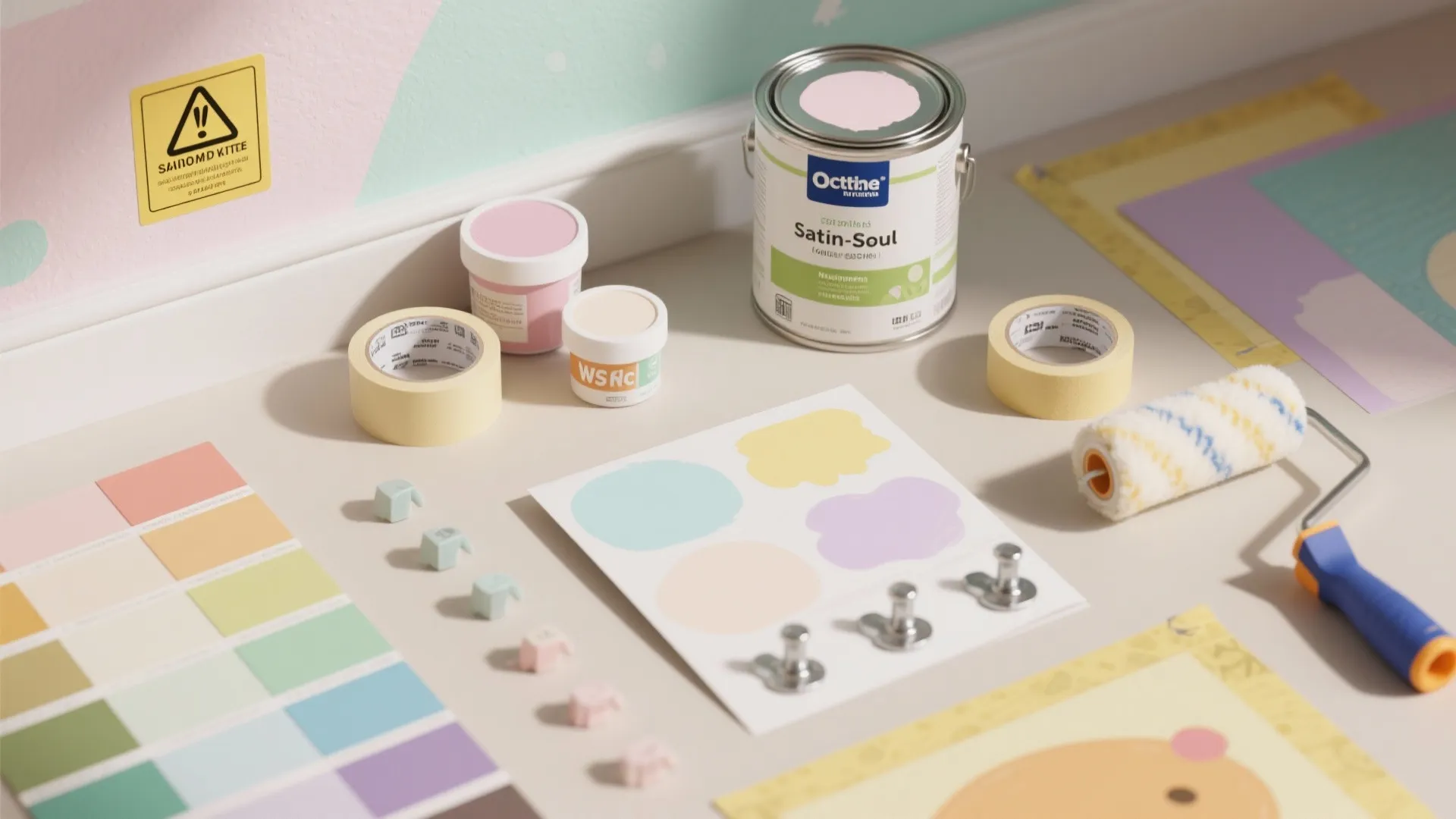 Variety of wall paint cans with color swatches and a paint roller on a table