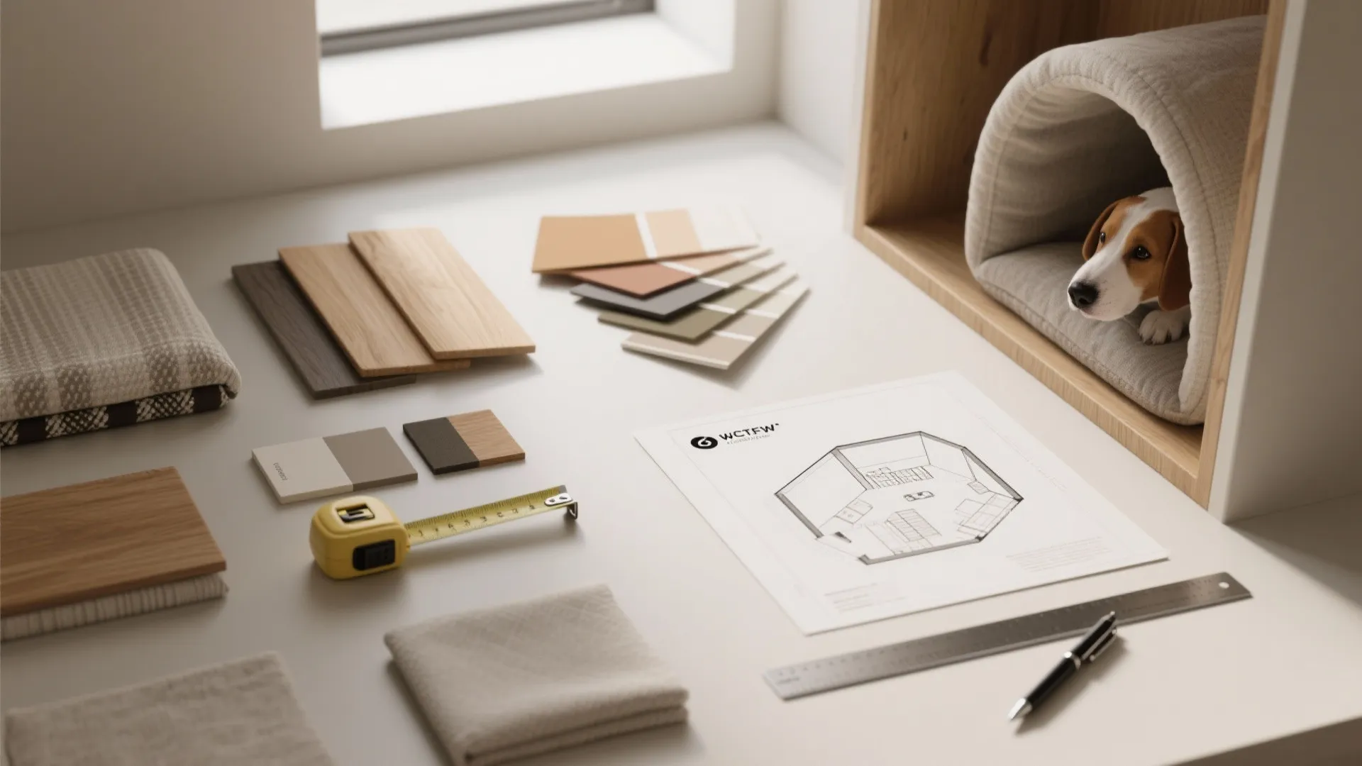 Interior design materials including wood samples color swatches tape measure and a paper room layout