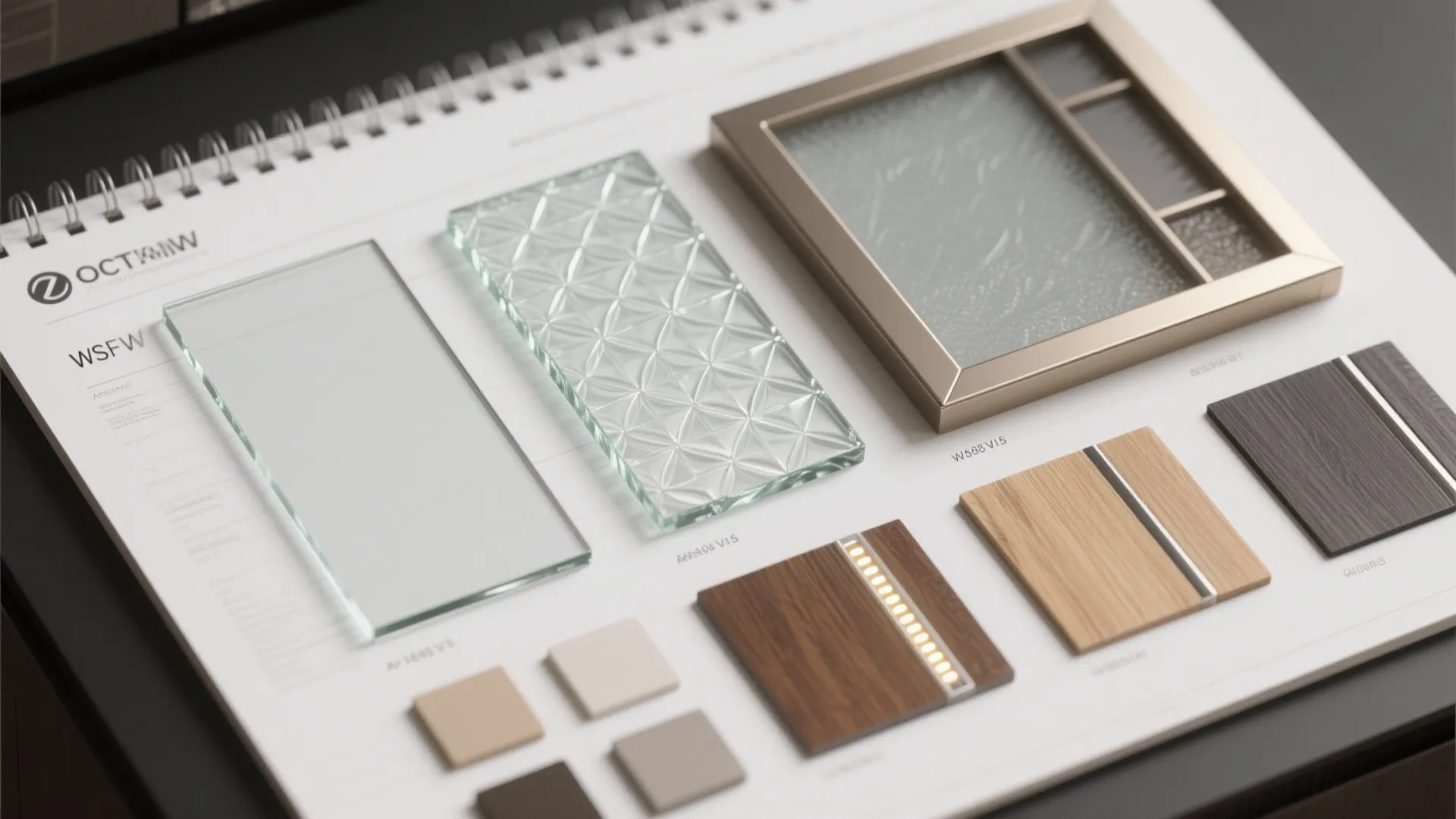 Top-down flatlay of glass and material samples for kitchen cabinet planning.