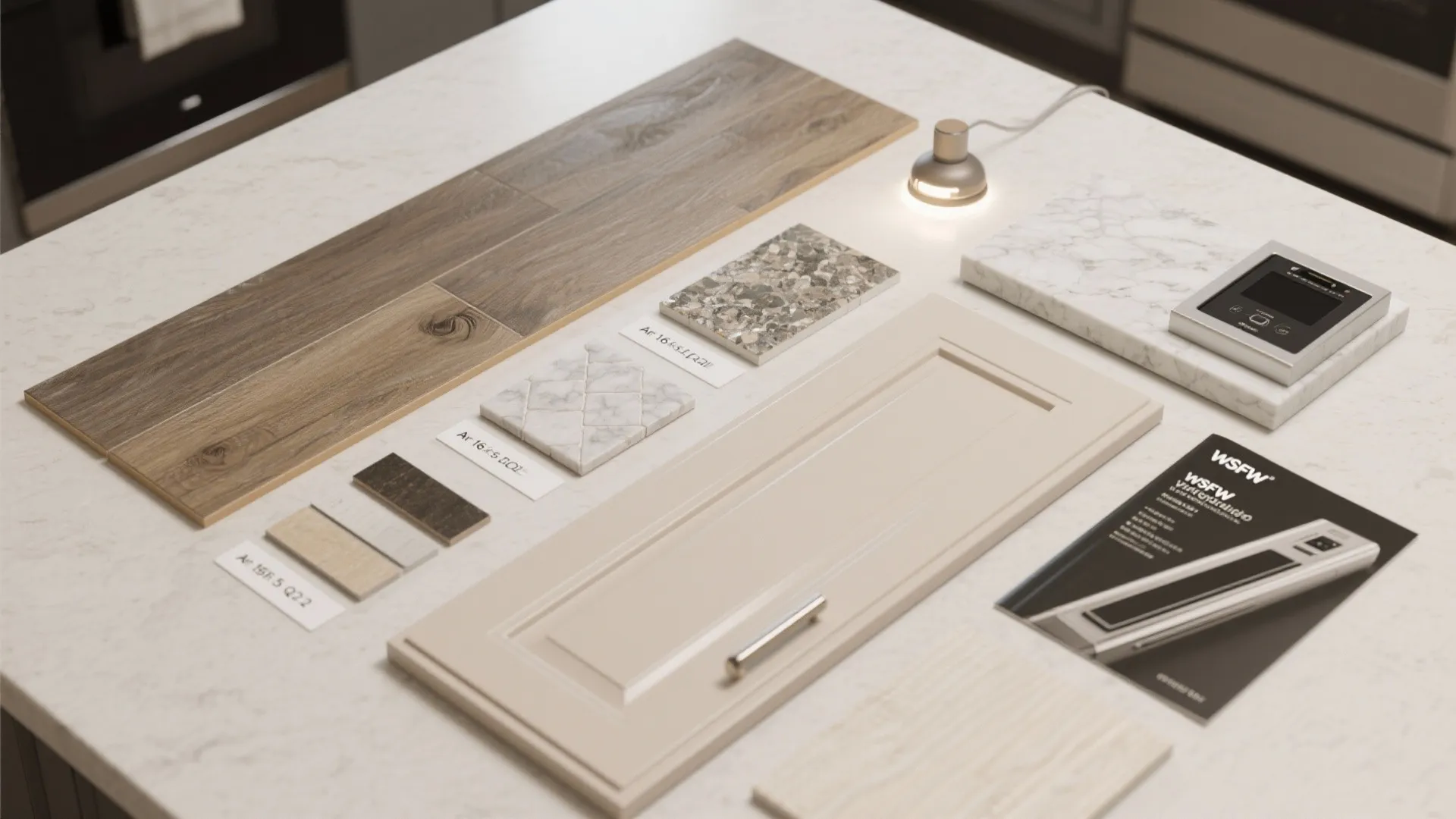 Flatlay of basement kitchen material samples including flooring, cabinet finish, and quartz chip