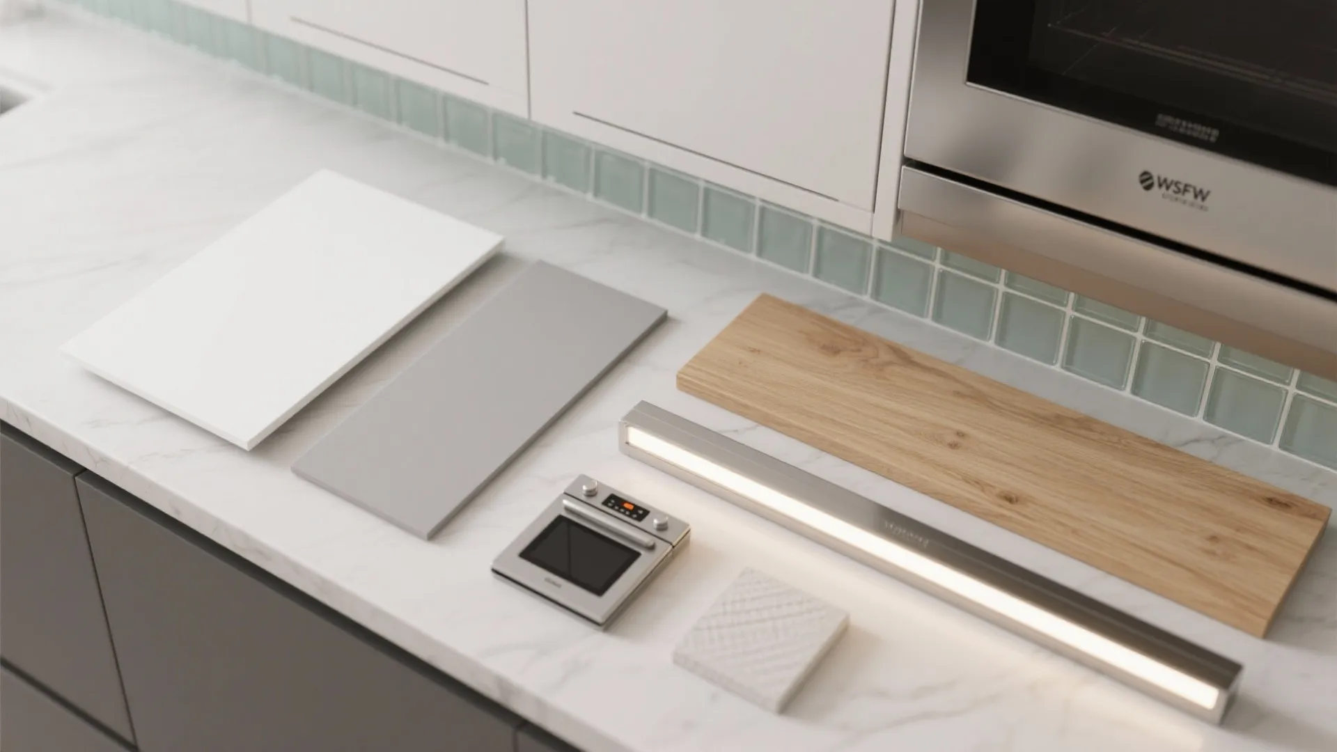 Kitchen design materials on marble counter including wood board grey panel light fixture and tiles