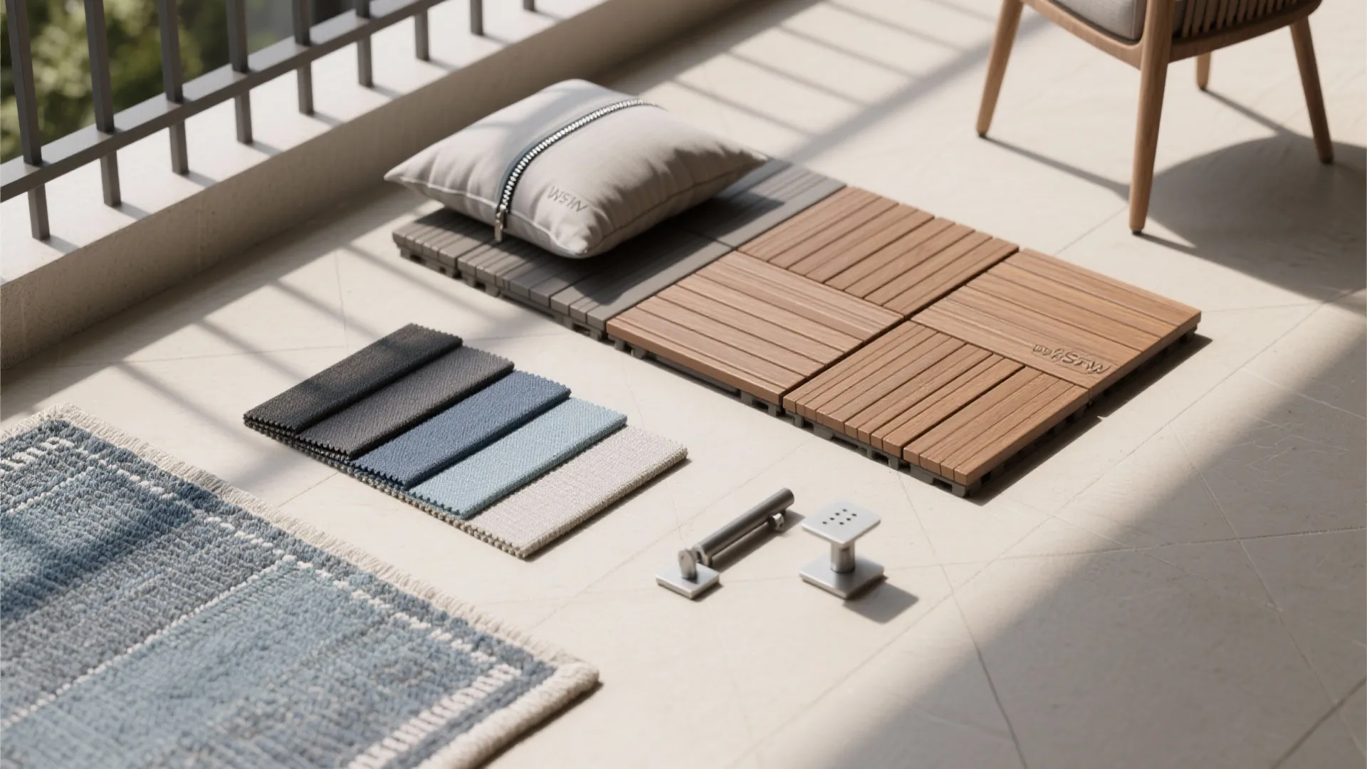Flat lay of composite tiles, polypropylene rug swatches, acrylic fabrics, and furniture risers.