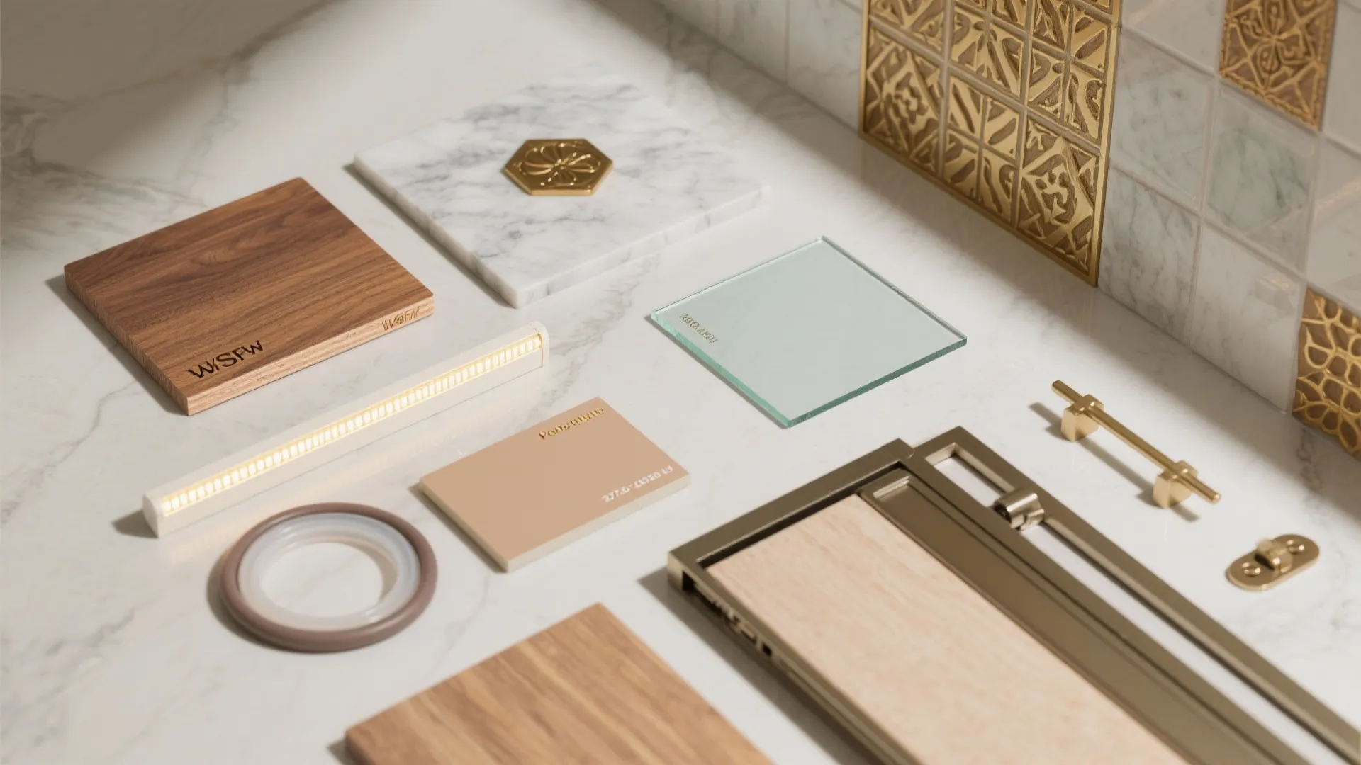 Flat lay of ash wood, quartz, ceramic, brass, frosted glass, and warm LED strip for a pooja corner.