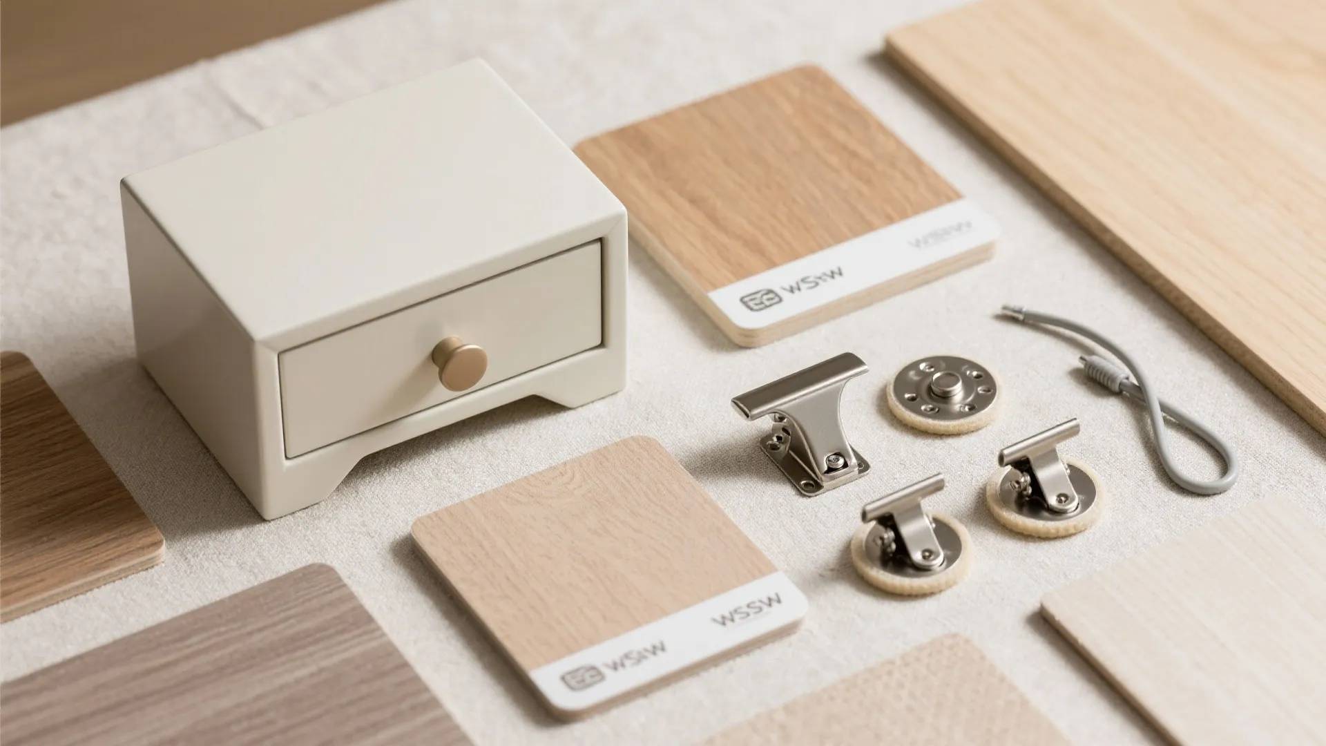 Flat lay of matte lacquer, oak veneer, laminate, hardware, and cable management accessories.