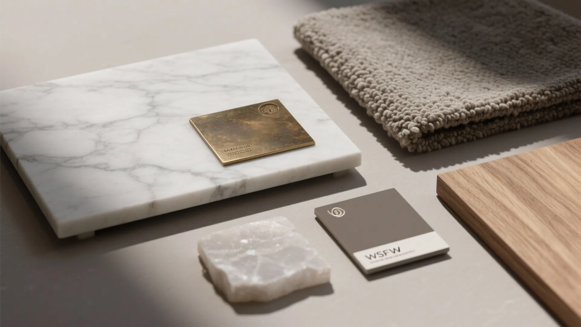 Interior design material samples including white marble wood brass tile and soft grey fabric rug