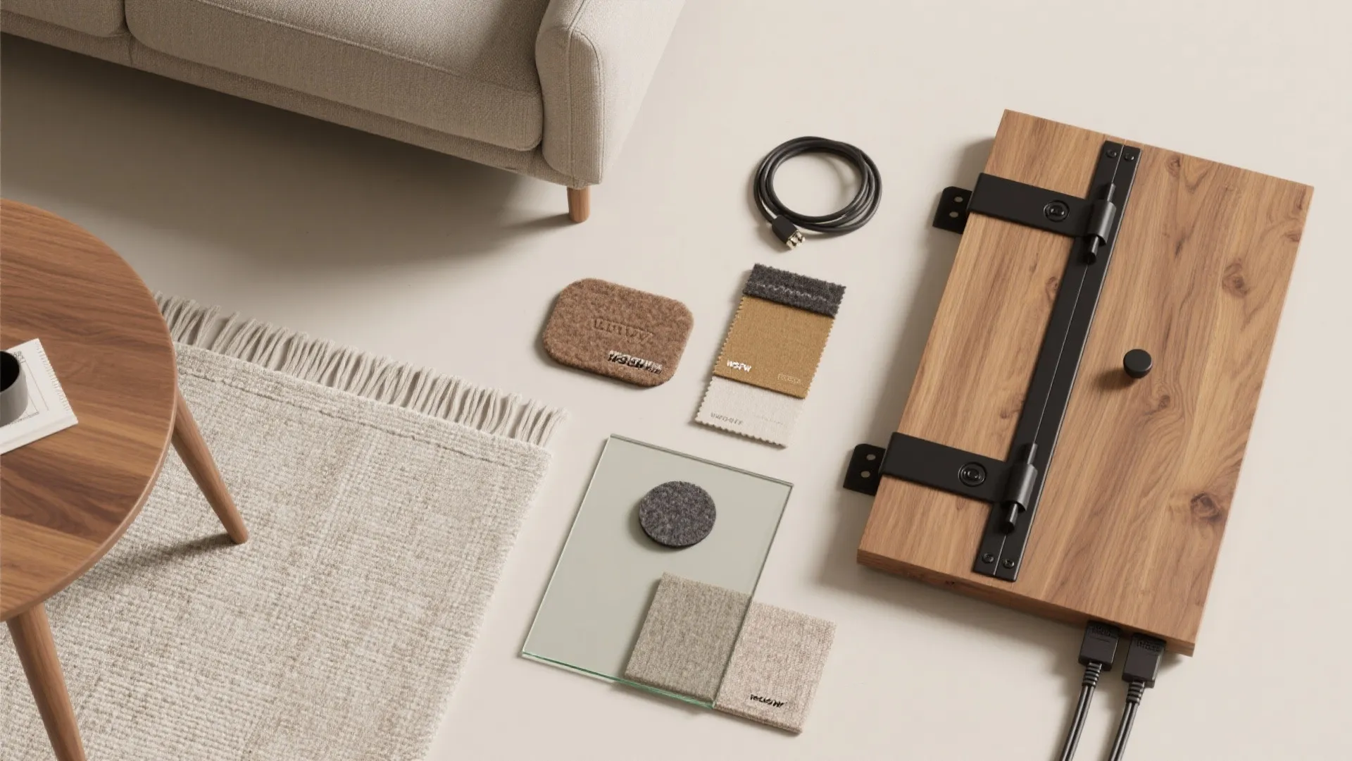 Flatlay of warm oak, matte black hinges, linen upholstery, rug and glass samples, and felt pads.