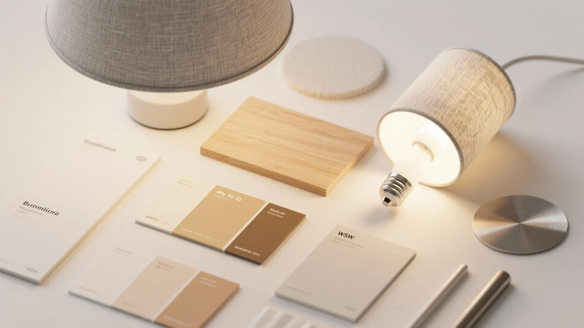 Interior design materials including wood samples color swatches and a small light fixture on table