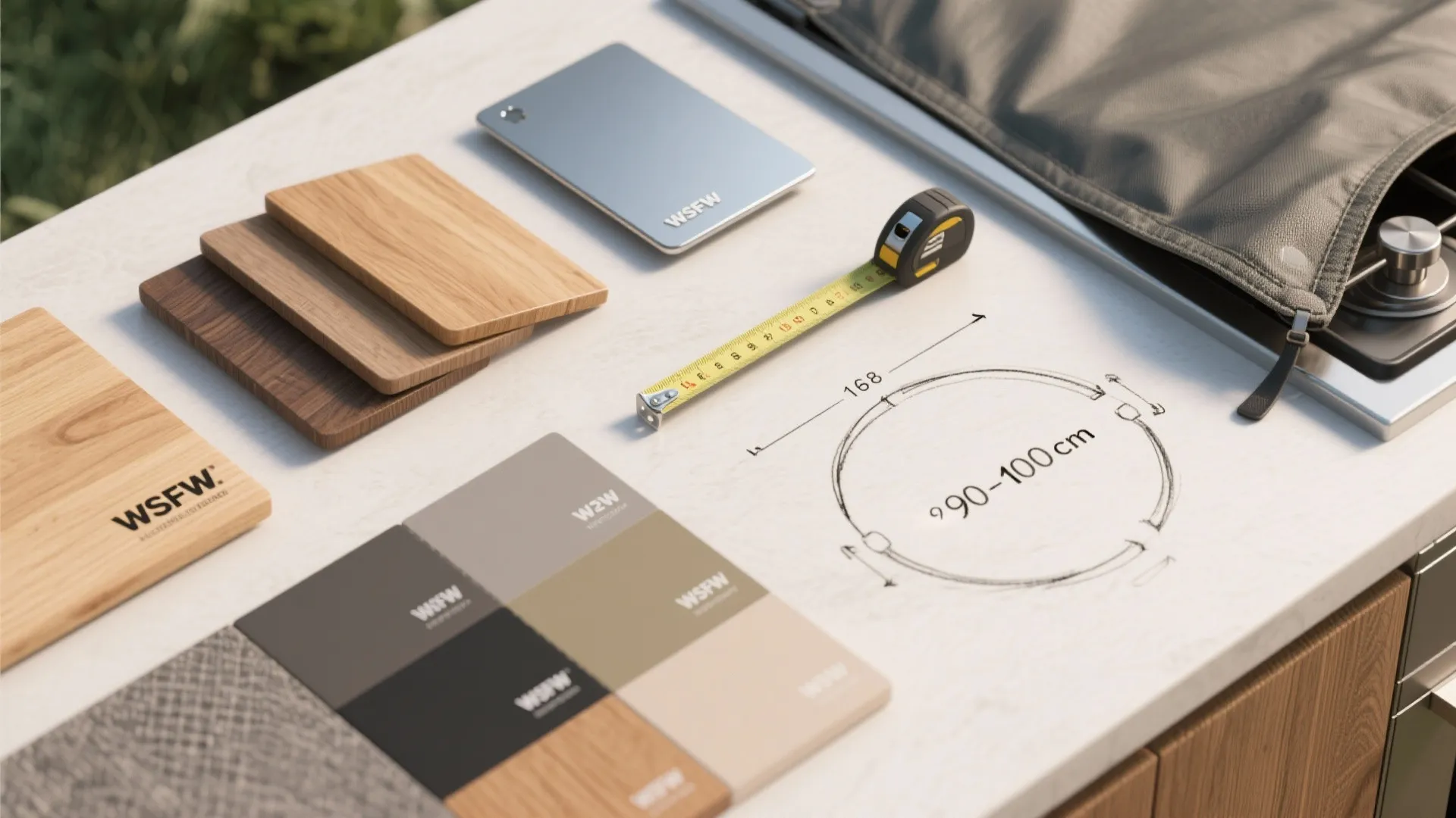 Collection of wood samples color swatches and measuring tape on a white kitchen counter surface