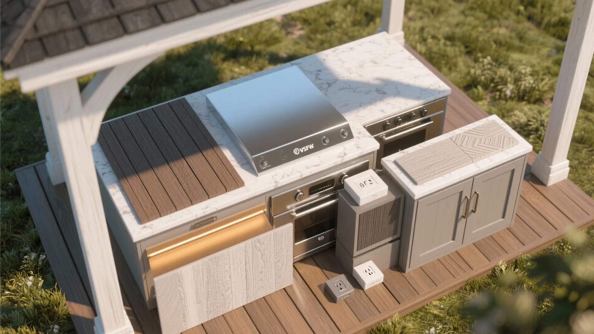 Flatlay of weatherproof material samples and lighting options for a gazebo kitchen.