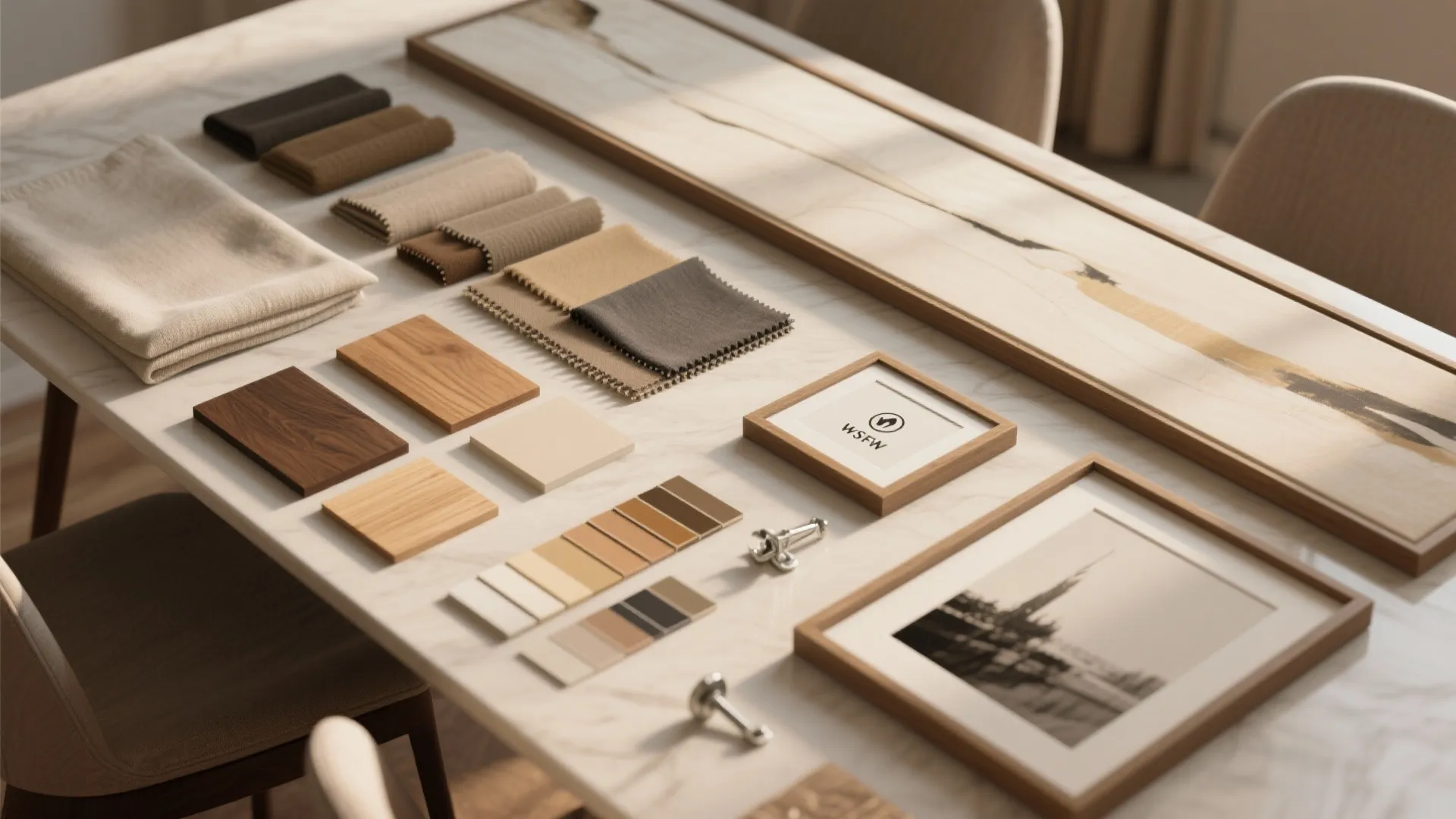 Flatlay of paint chips, fabric swatches, and mockups for planning large dining room art placement