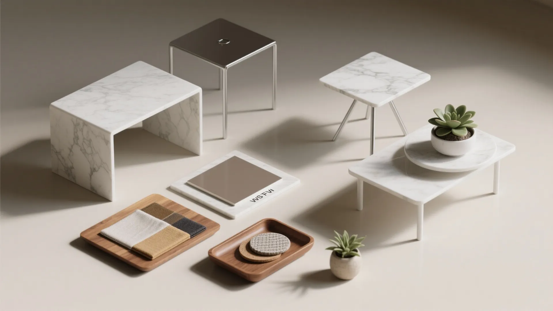 Interior design mood board with marble tables wooden trays fabric samples and small green potted plants