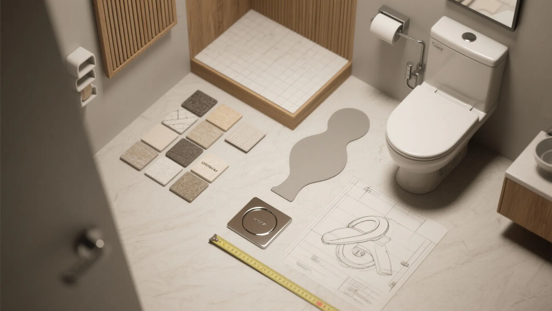 Flatlay of tile samples, compact toilet and bidet samples, and layout sketches for small bathroom planning