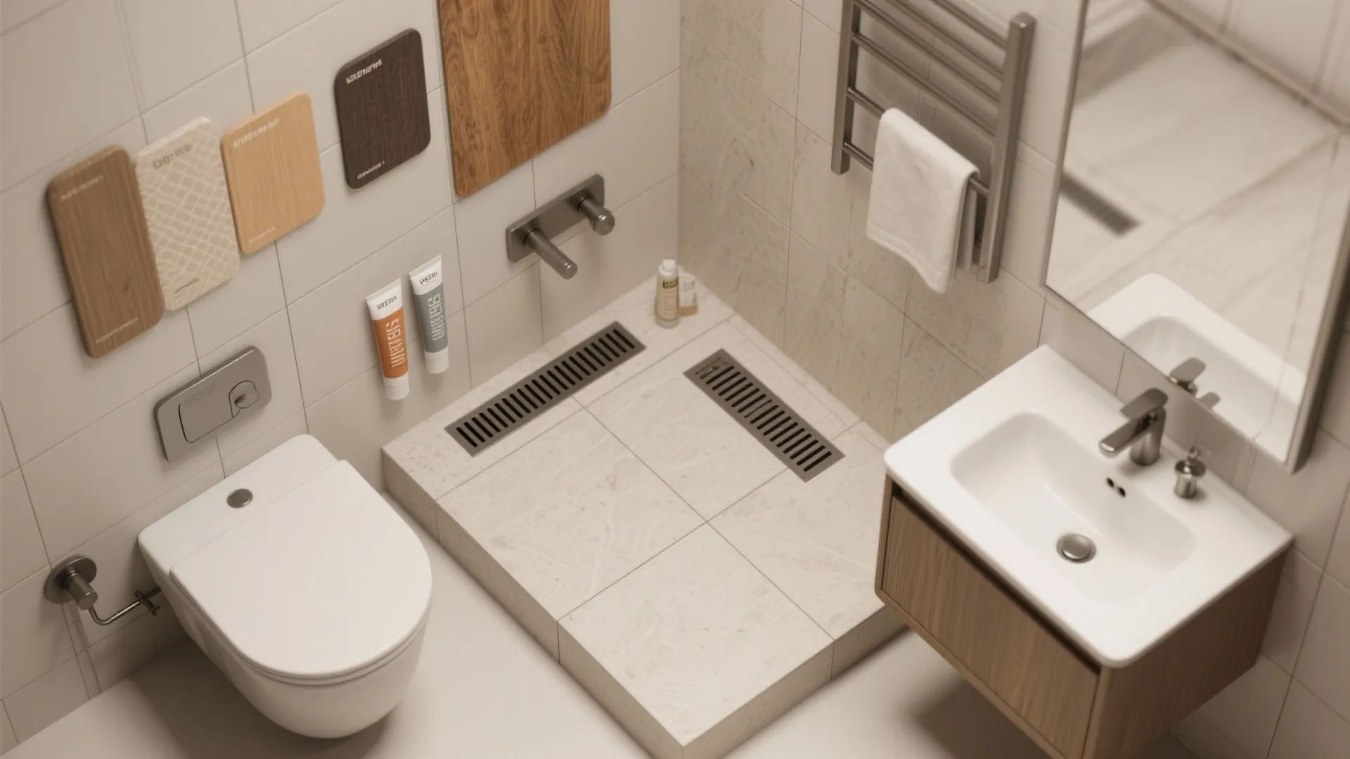 Top-down flatlay of tiles, fixtures and material samples for small bathrooms.