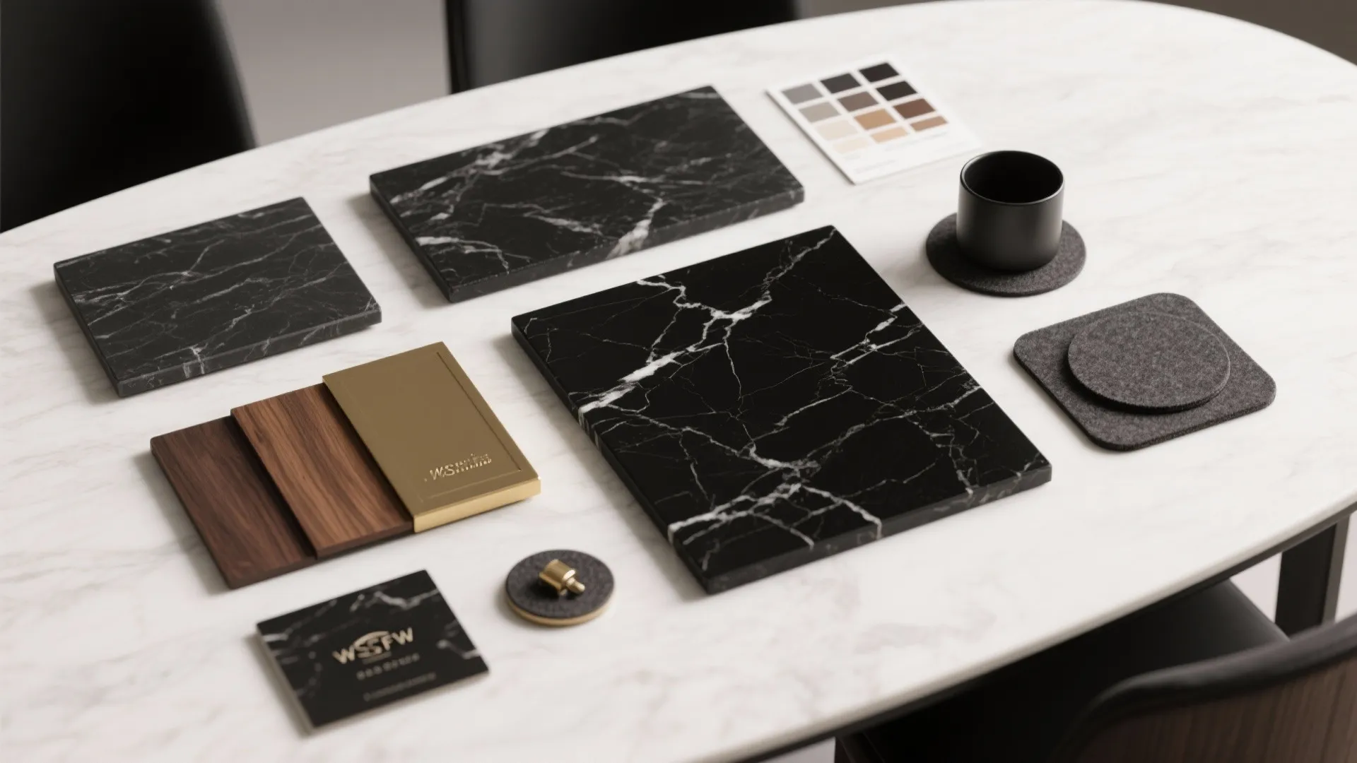 Interior design materials on table including black marble tiles wood samples color palette and cup