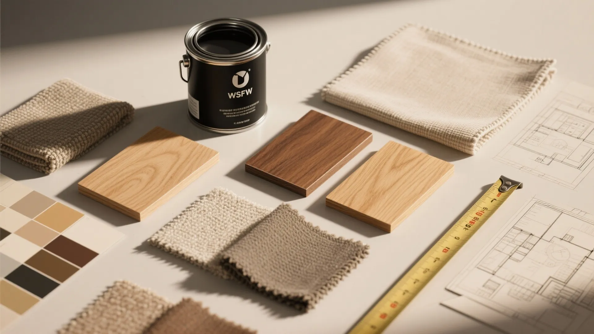 Flatlay of black paint swatches, oak samples and fabric swatches with a floorplan sketch and measuring tape.
