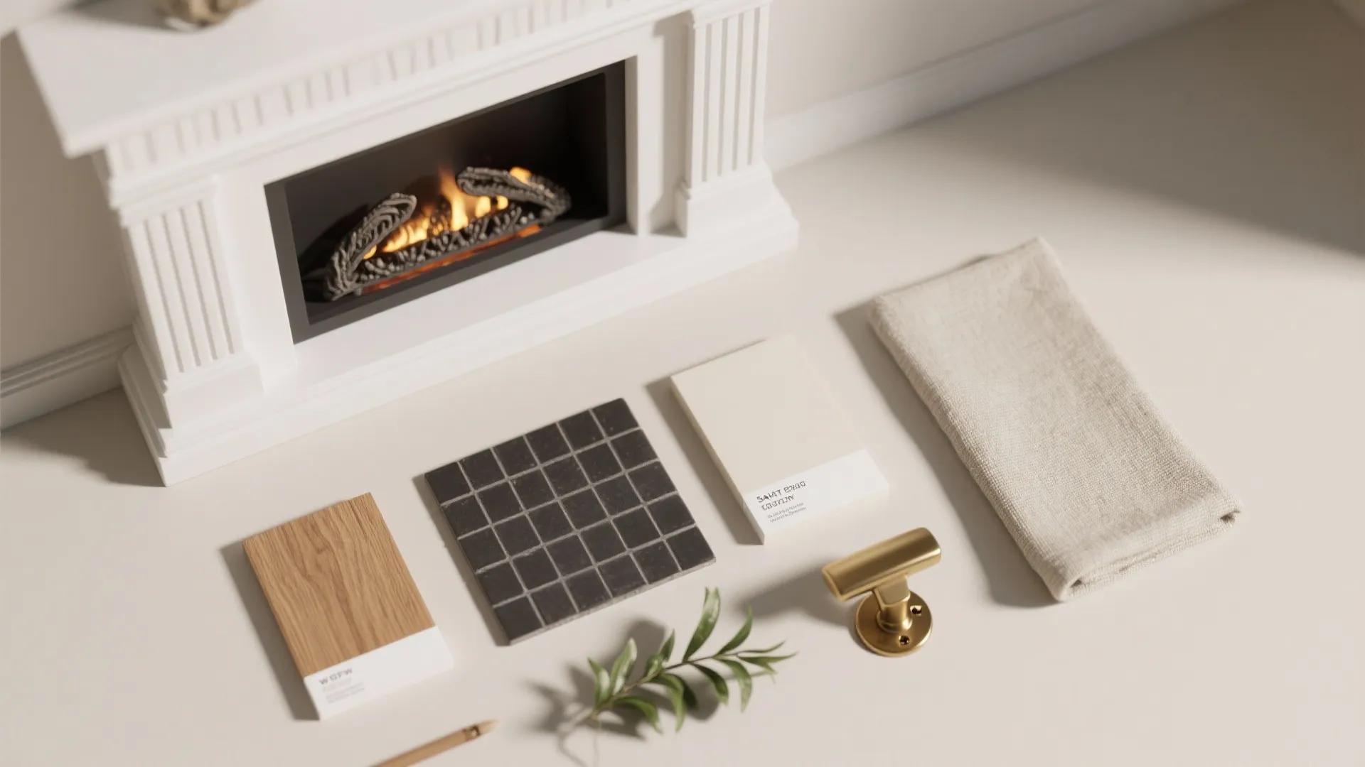 Flatlay of paint, wood, tile, linen and hardware samples for a white fireplace project.