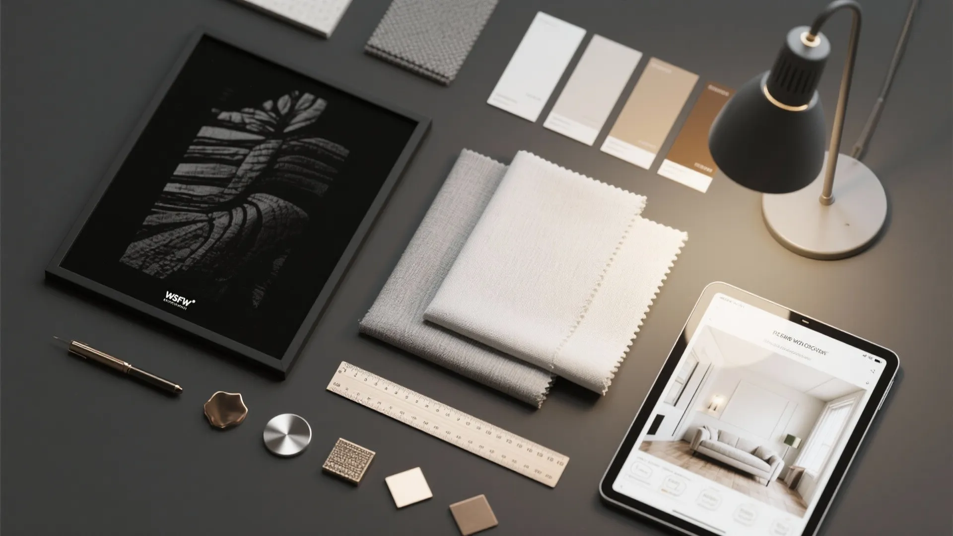 Flatlay of paint swatches, fabric samples, metal chips and a room-planner tablet for black art pairing