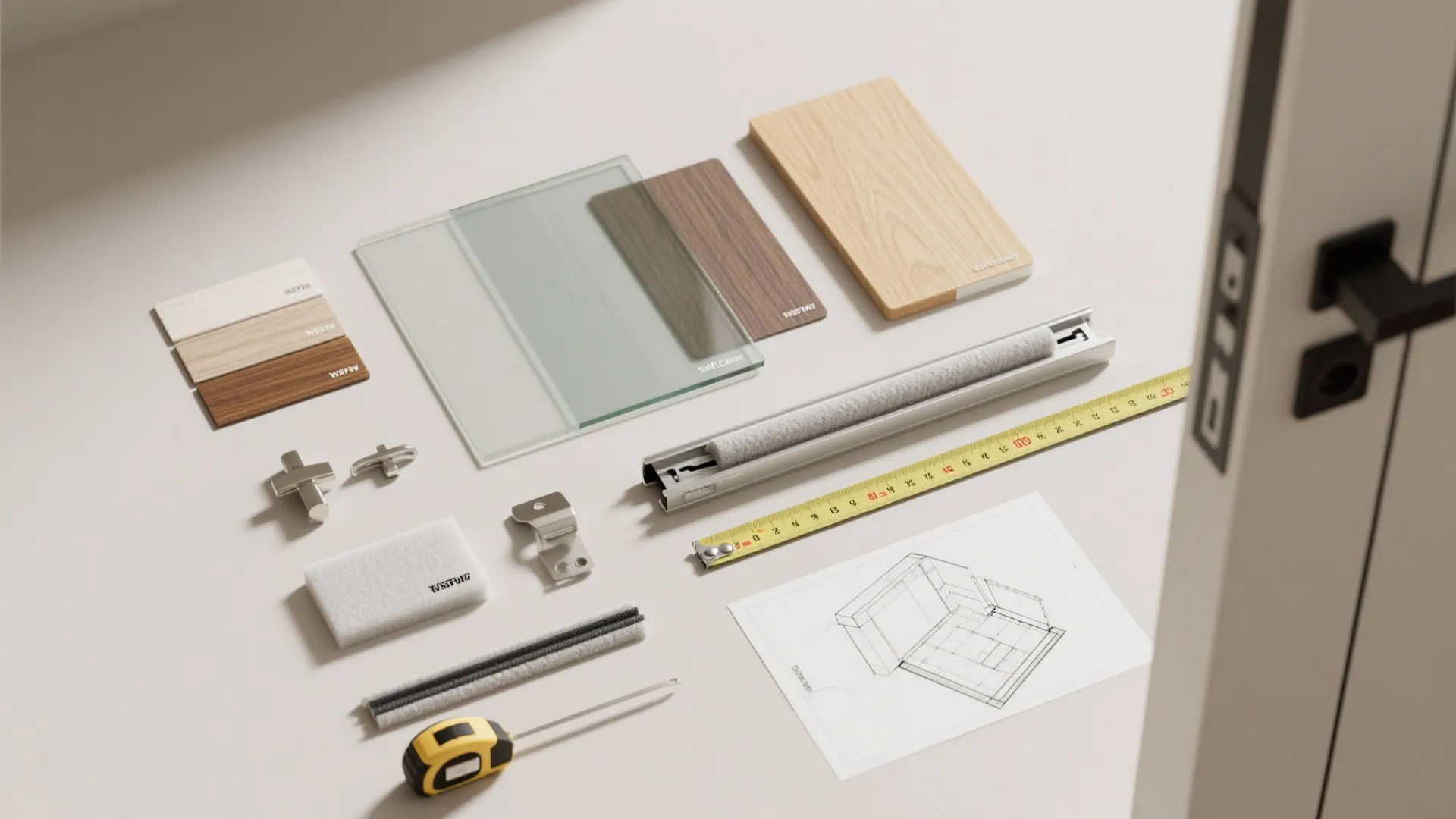 Interior design materials including wood samples glass tiles tape measure metal hardware and drawing sketch