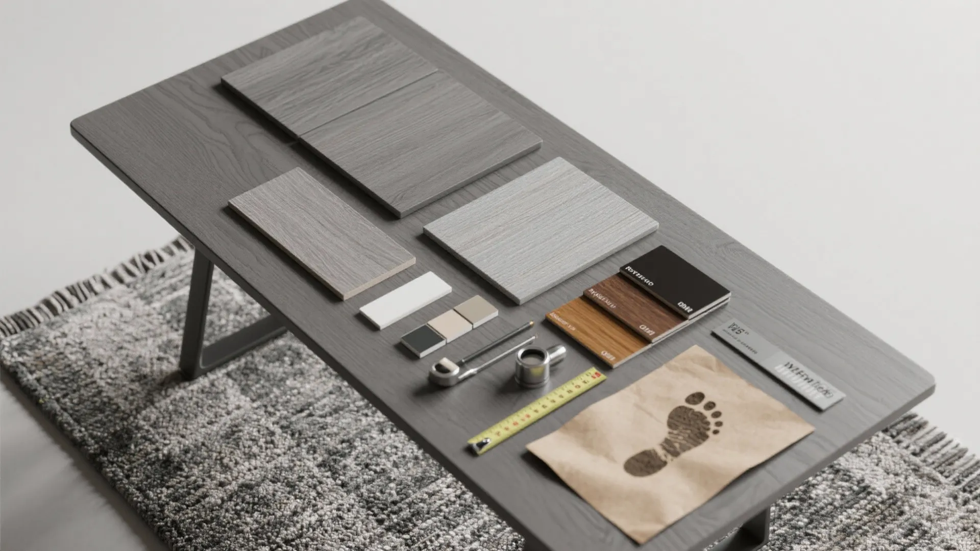 Interior design material samples including wood tiles and measuring tape laid out on a grey table