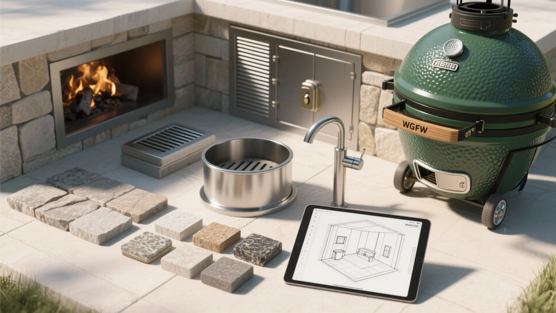 Outdoor kitchen design with stone samples tablet showing room layout grill fire pit and sink