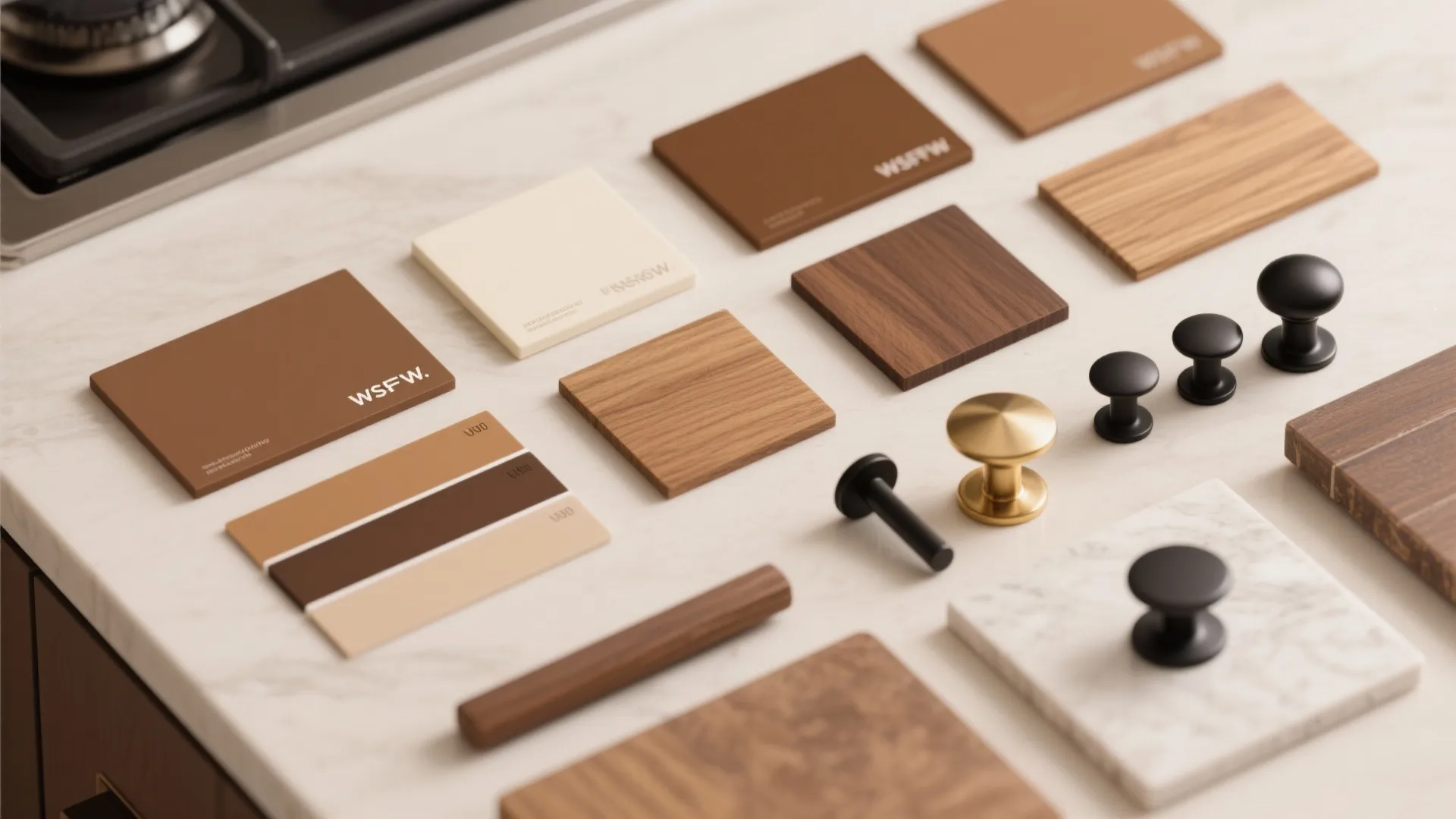 Flatlay of brown paint swatches, wood veneers and hardware samples for kitchen decisions