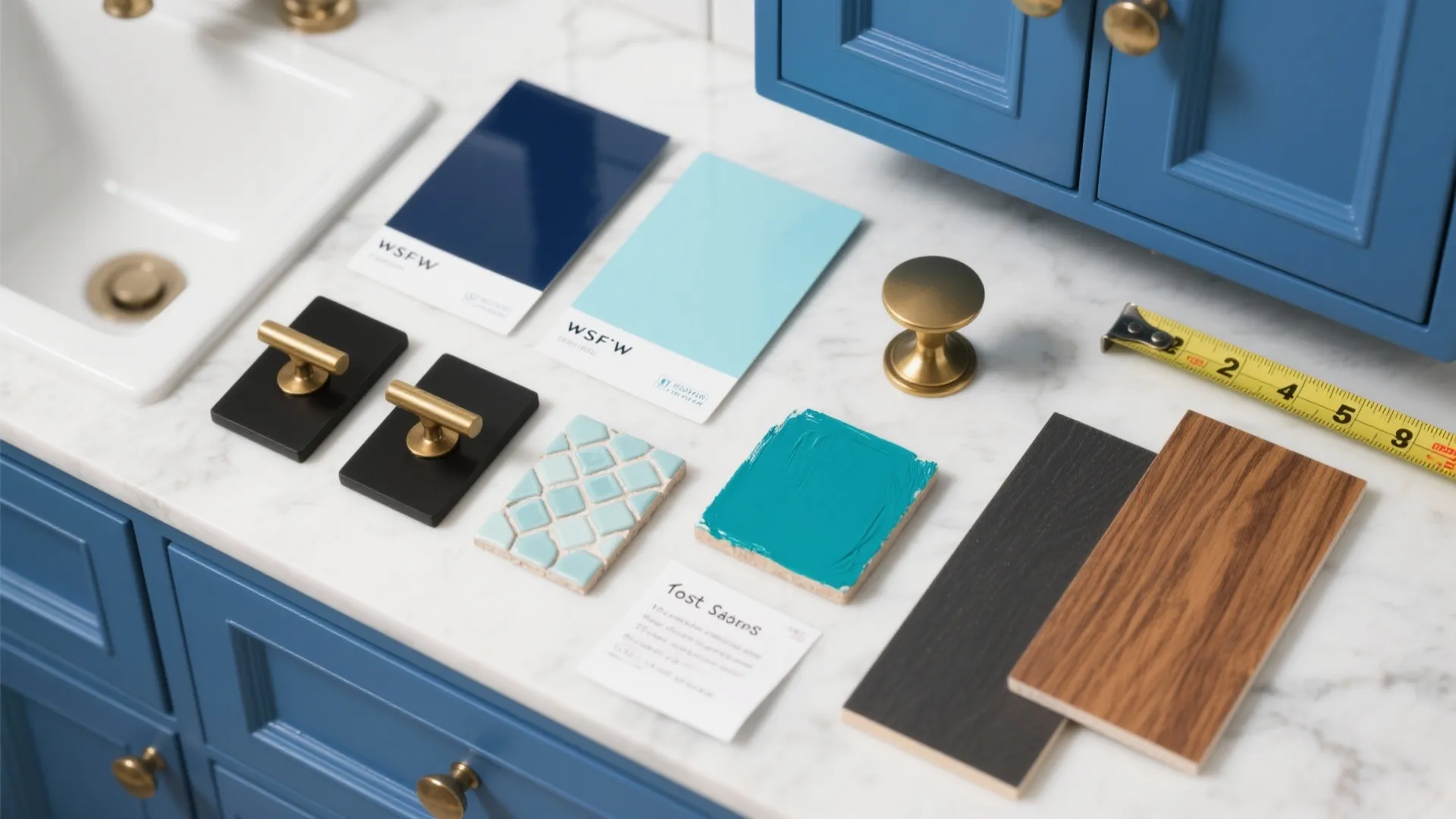 Interior design materials on white counter with blue color swatches wood floor samples and knobs