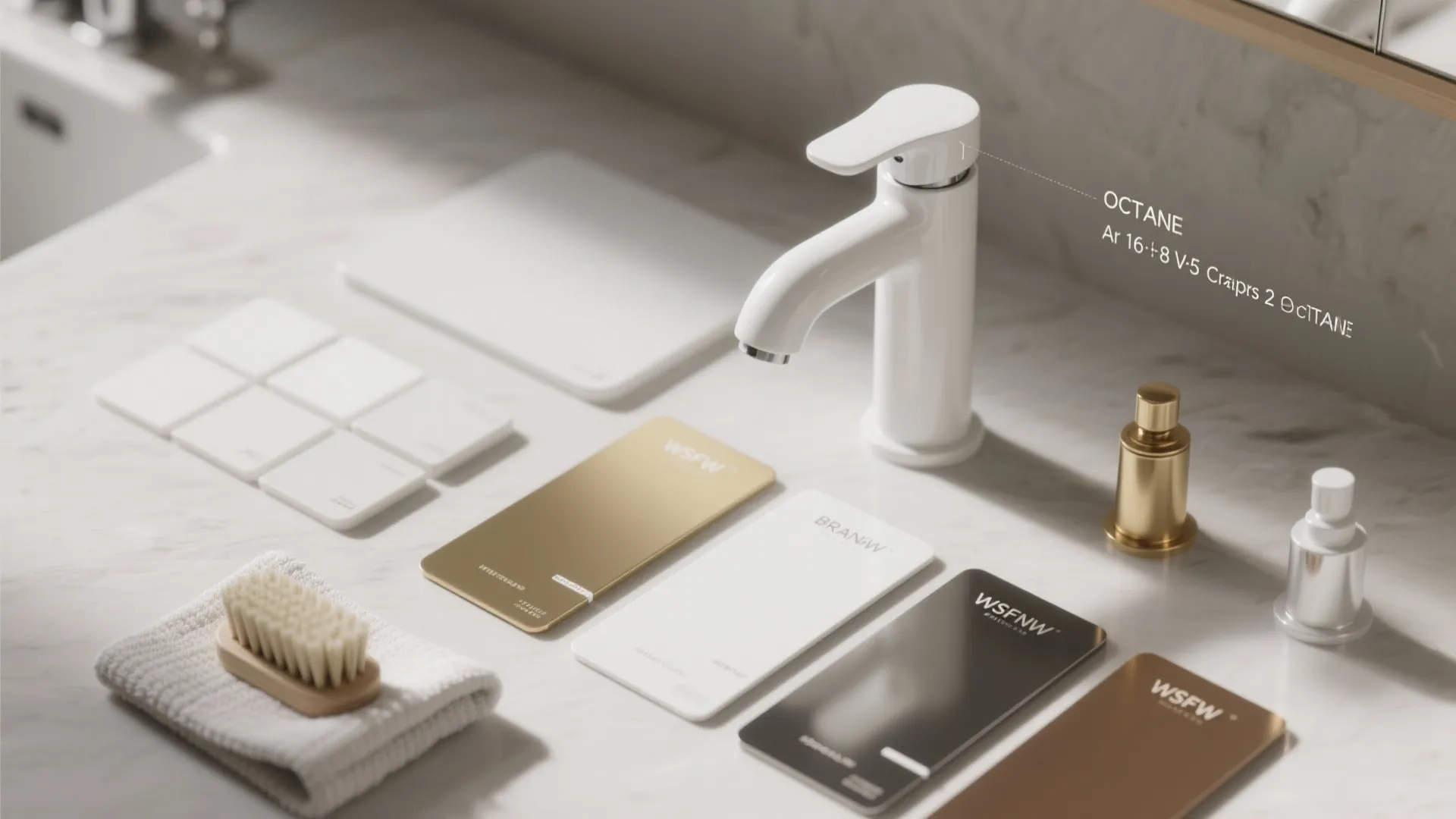 Flatlay of white faucet material swatches, metal samples and cleaning cloth for finish selection.