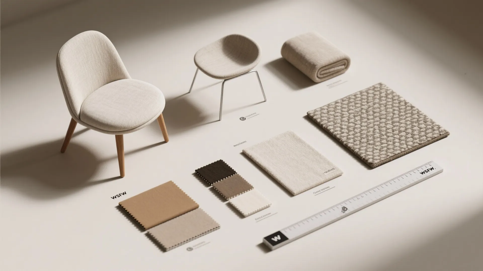 Flatlay of upholstery swatches, leg samples and measuring tape for chair selection