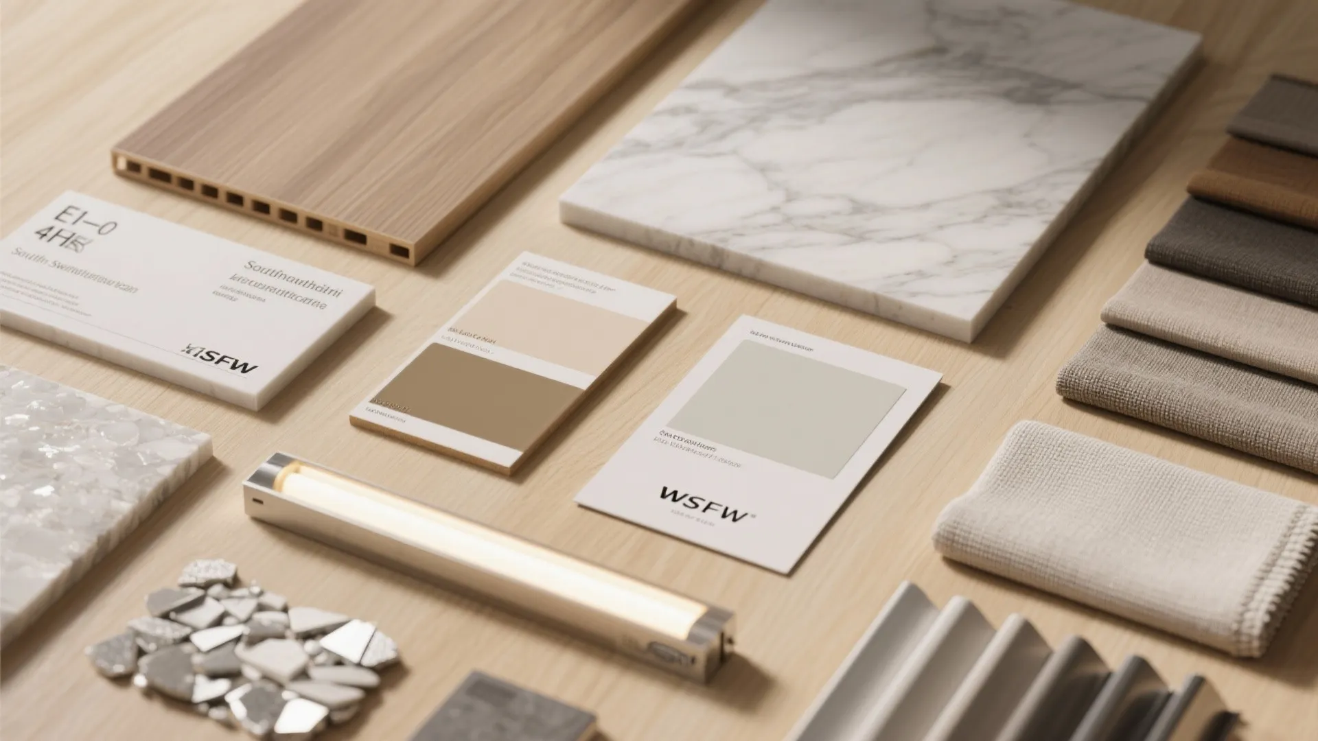 Interior design materials including wood panel marble tile fabric swatches color samples and light fixture