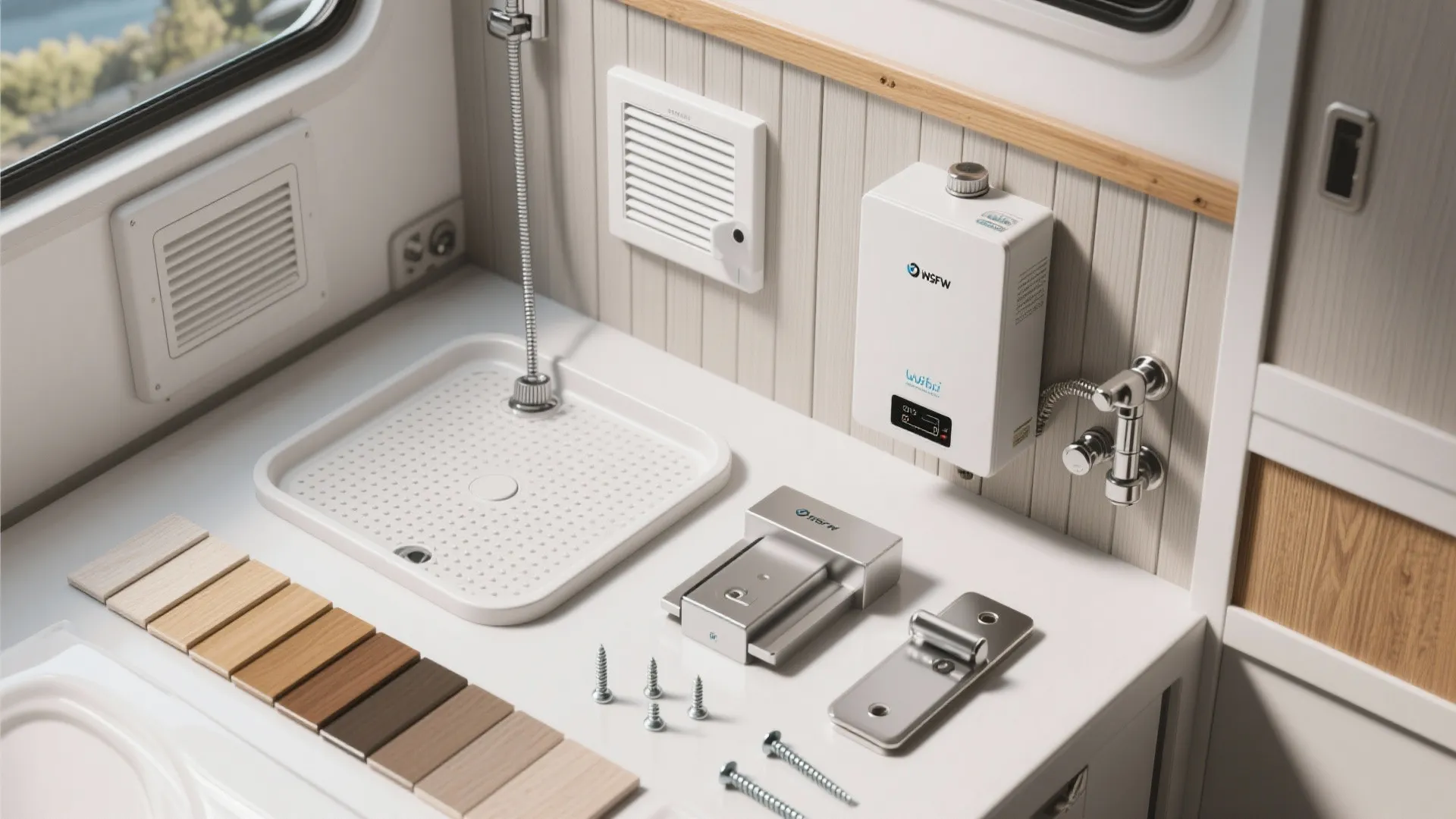 Bathroom renovation materials including small water heater wood samples screws metal hinges and shower tray