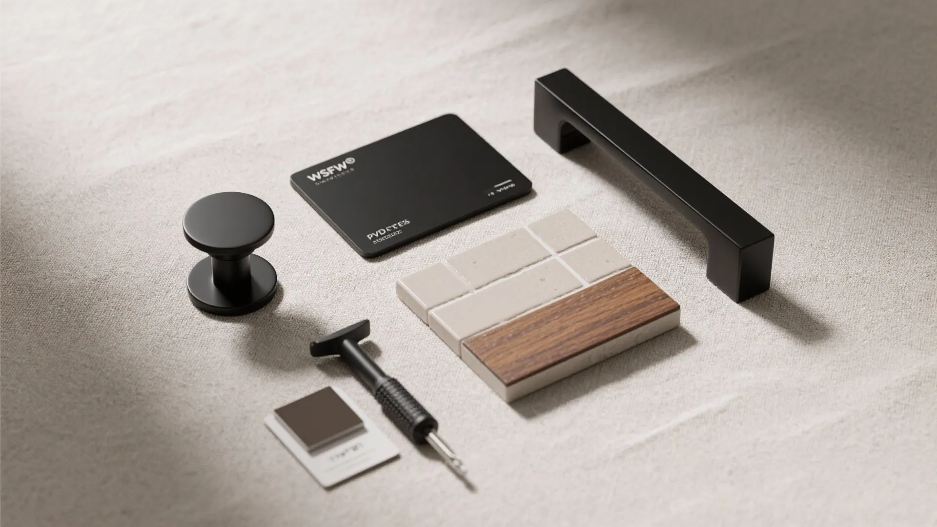 Interior design materials showing black cabinet handles wooden samples and small tiles on white fabric