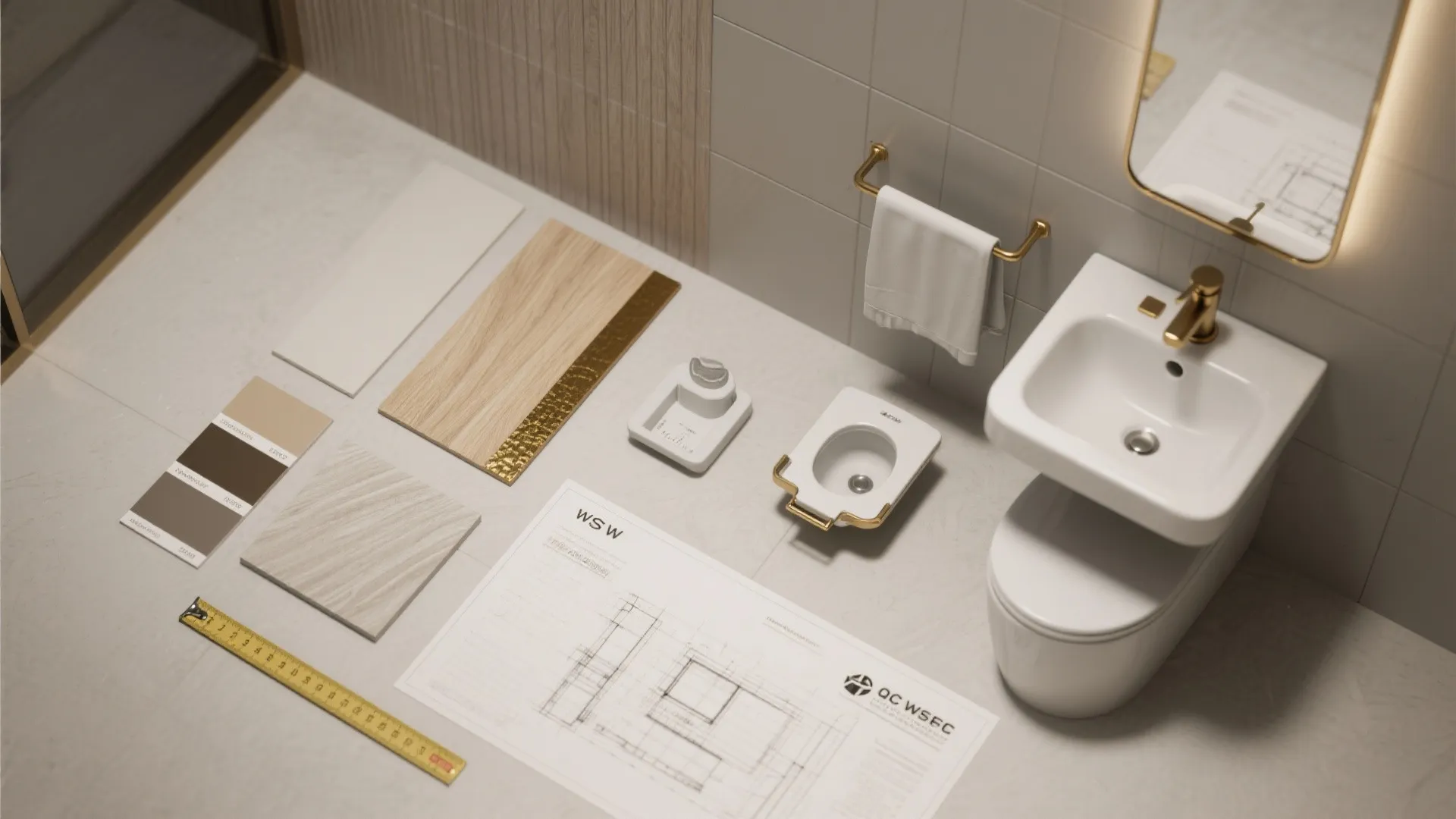 Flatlay of material samples and layout sketches for a quarter bathroom design